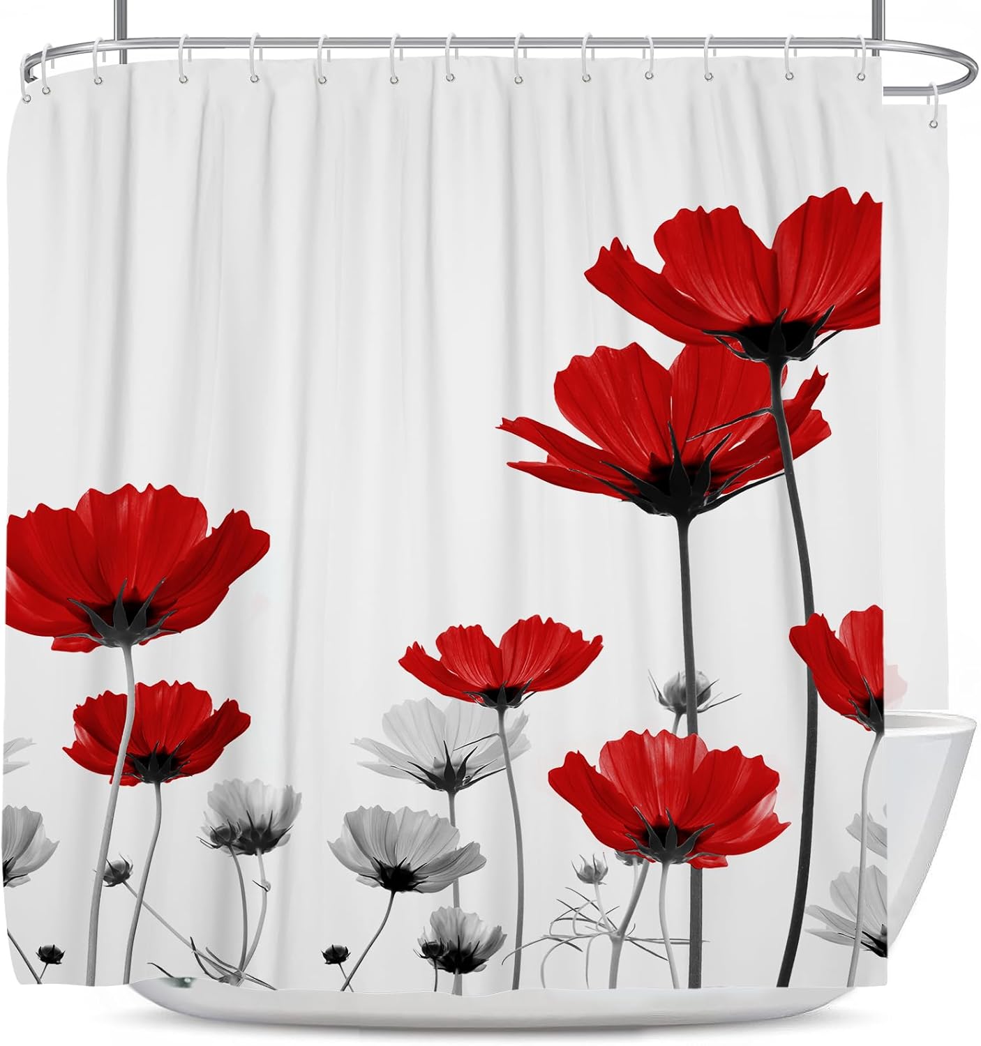 Coxila Red Floral Shower Curtain Extra Wide Large Long Clawfoot Tub Wrap Around Flower Spring Black White Grey Poppy Cute Wildflower Fun Daisy Bathroom 180 x 70 Inch Polyester Fabric 31 Pack Hooks