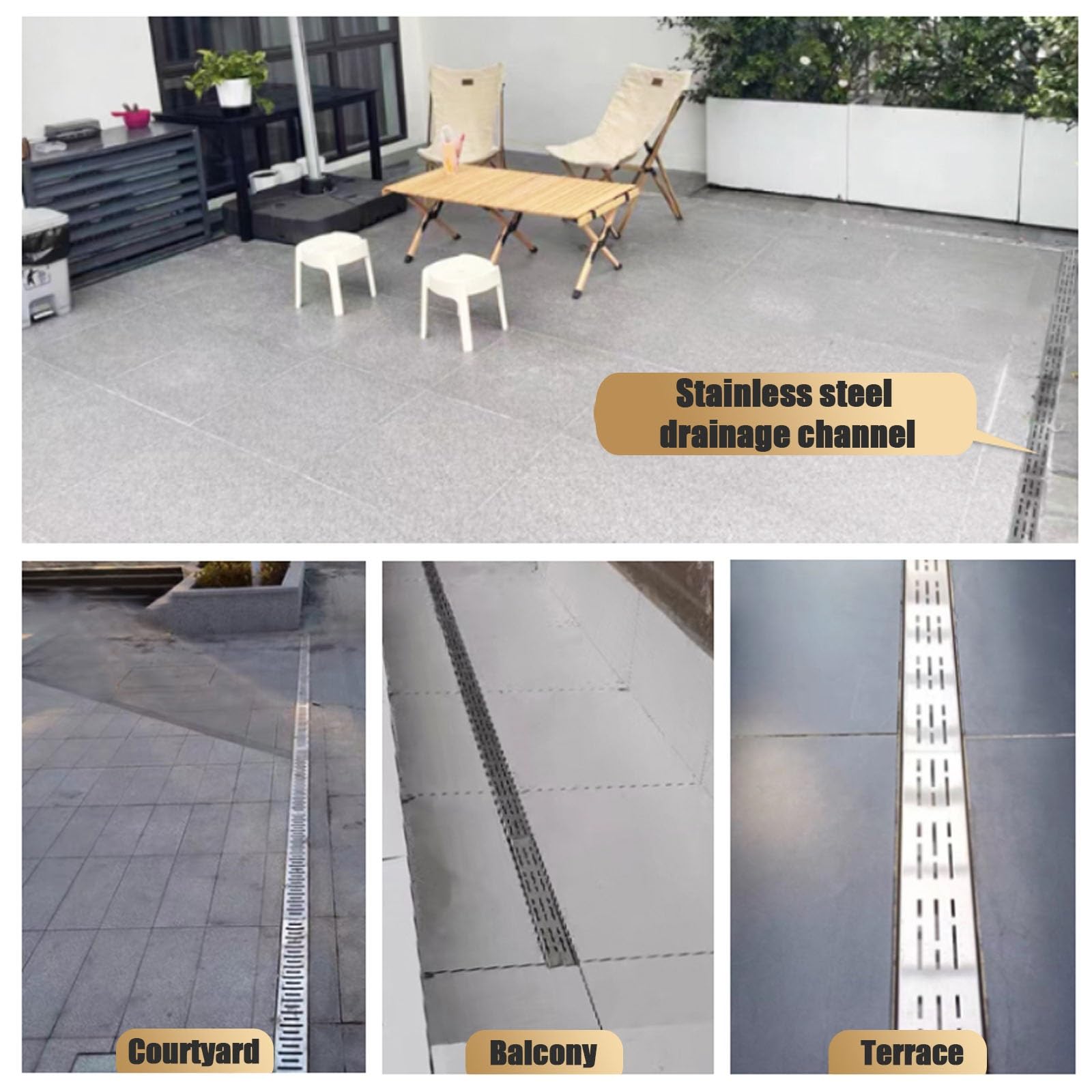 Kanał odpływowy z tarasu basenowego, zestawy do odwadniania rowów betonowych na zewnątrz z rusztem, wąska rynna liniowa do patio ze stali nierdzewnej(H5*W7CM/H1.97*W2.76IN)