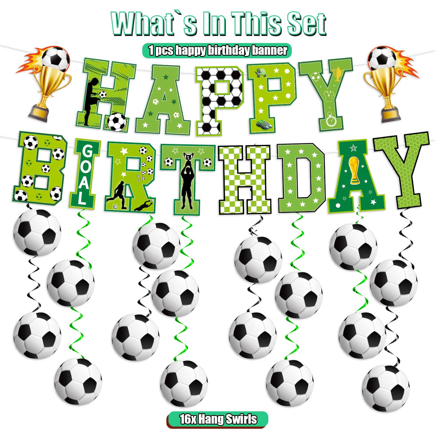 KORHONEN Soccer Party Decorations - Happy Birthday Banner and Soccer Hanging Swirl for Kids Boy's Birthday
