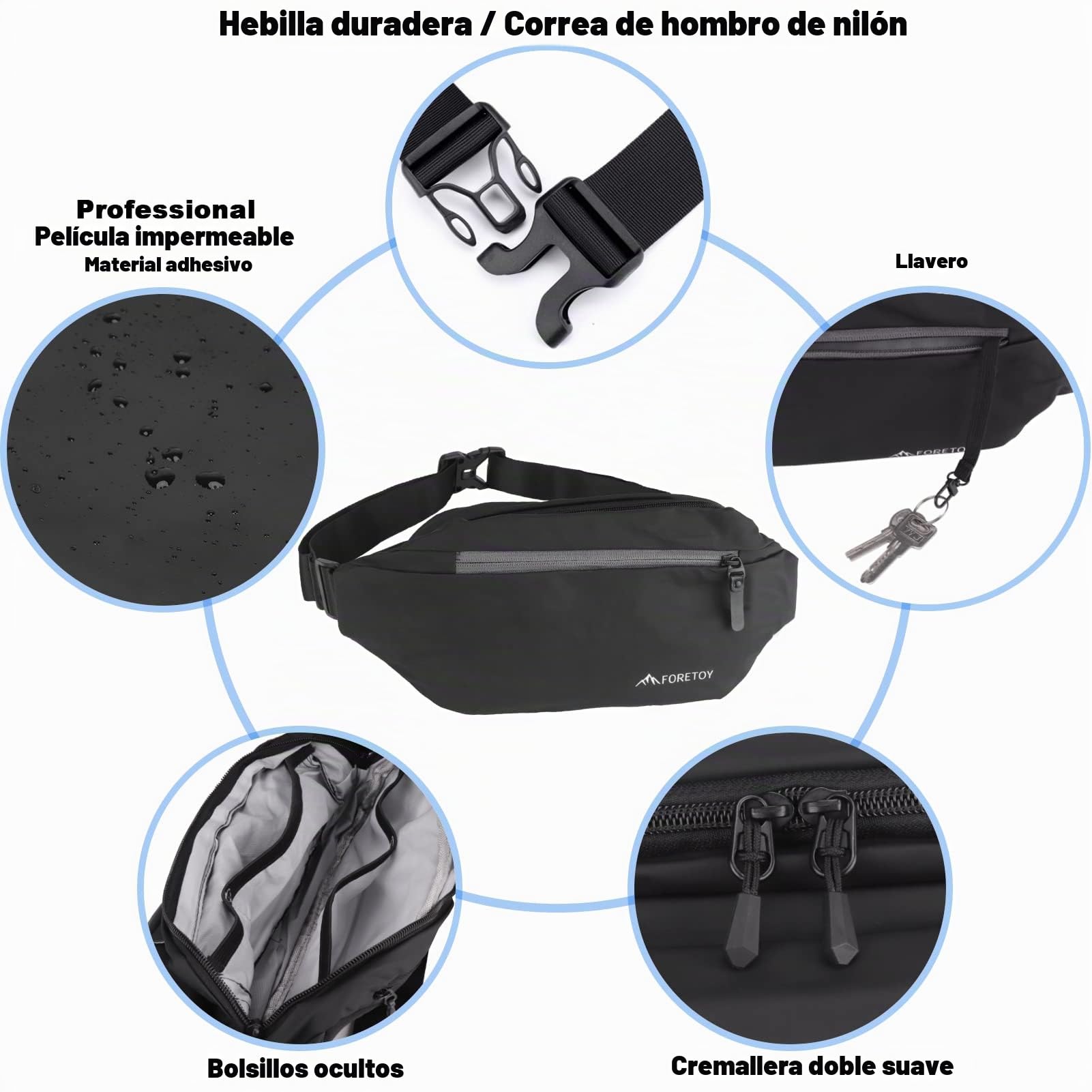 FORETOY Riñonera Mujer Hombre,Riñonera Impermeable Bolso de Cintura Deportiva con 4 Bolsillos, con Botella para Running Marcha Bici Viajes Correr Senderismo al Aire Libre Deporte