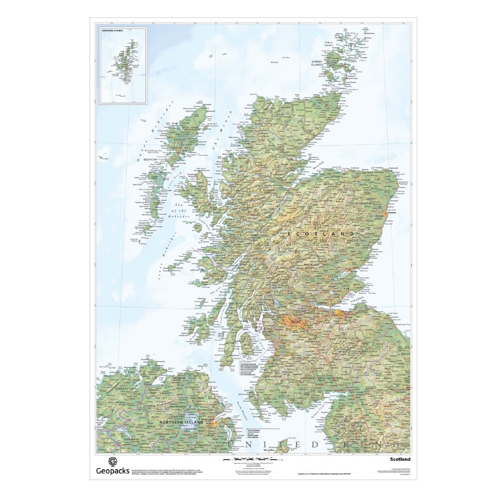Physical Map of Scotland Wall Map - Large Travel Map to show Detailed mountains, lochs, and valleys, Laminated Scotland Map Poster, Waterproof, Perfect Traveler Gift For Home Or Office 830 x 1200 mm