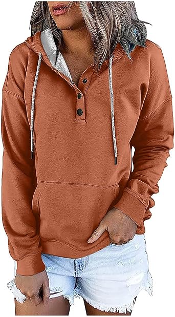 Womens Hoodies Pullover Light Sweaters Quarter Button Up Long Sleeve Sweatshirts Comfy Casual Fall Tops with Pockets