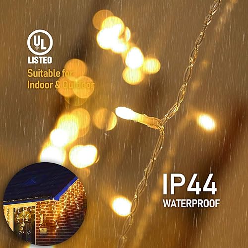 Miniatura 5 de Luces de carámbano de 9.8 pies para exteriores, funciona con pilas, guirnalda de luces de cortina de Navidad para colgar en la ventana de Halloween,