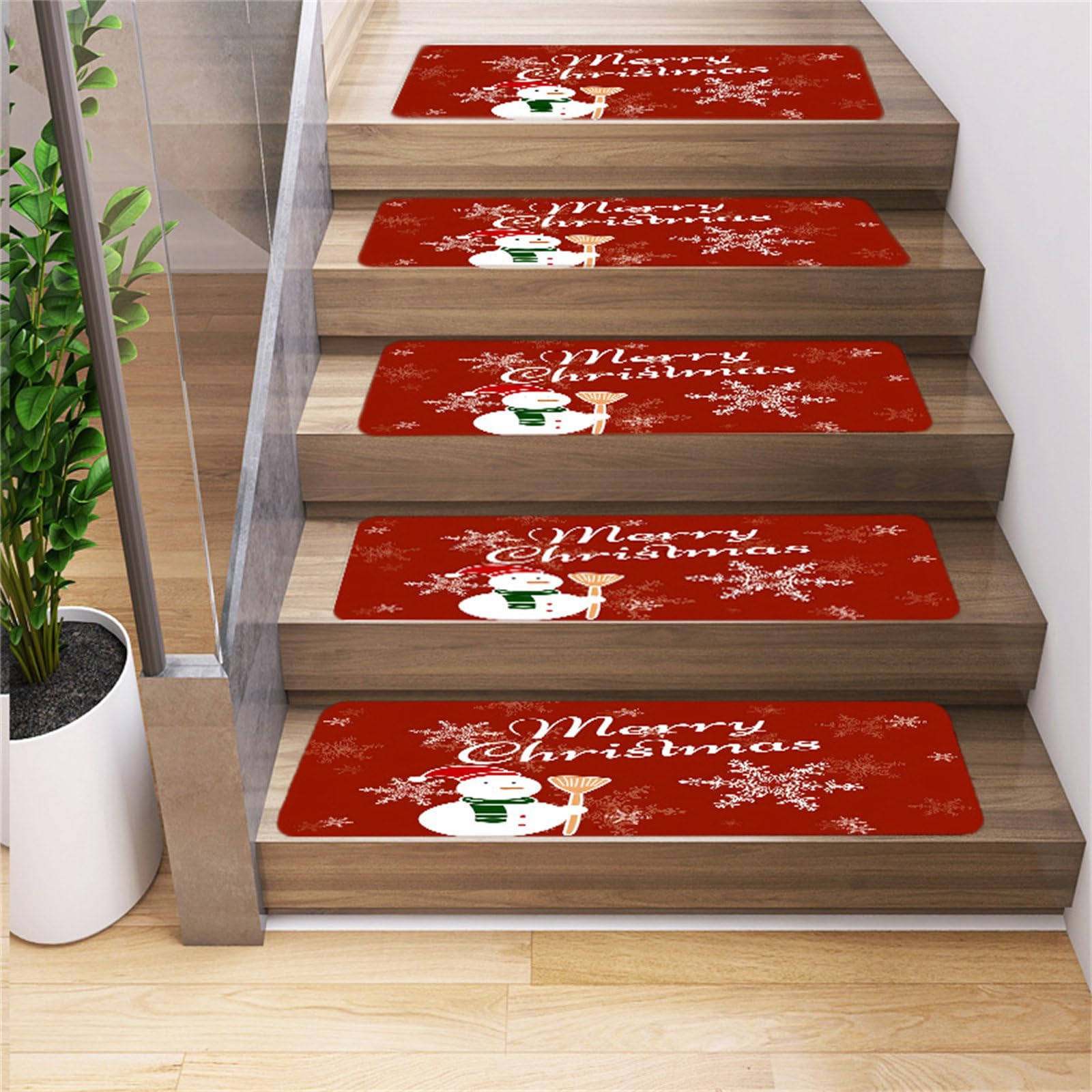Odot Tapis Escalier Noël Lumineux, Tapis Escalier Antidérapant, Muet Moquette Escalier Lavable en Machine, Marchettes d'Escalier Auto-Adhésif, pour Enfants, Aînés et Animaux (Bonhomme de Neige,10pc)