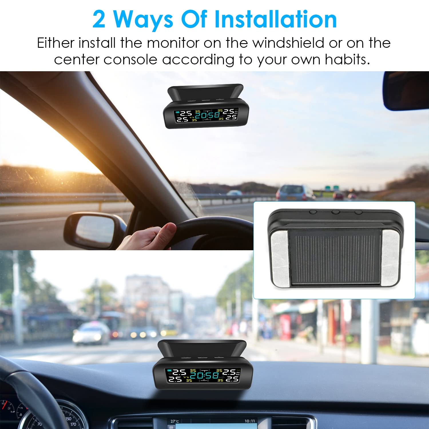 iMounTEK Tire Pressure Monitoring System Wireless Solar TPMS Car Tire Pressure Monitoring System Auto Tire Pressure Monitor with Built-in Sensors Temperature Alarm for Car SUV Sedan RV (Inside)