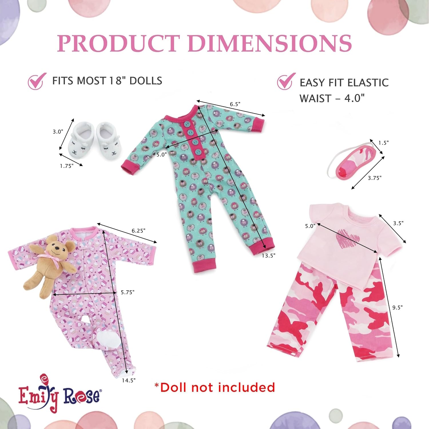 Emily Rose 18-inch Doll Pajamas 7-PC Set - Cupcake, Lamb & Pink Camo PJs with Teddy Bear - Sleeping Clothes Bundle for Dolls - Compatible with American Girl