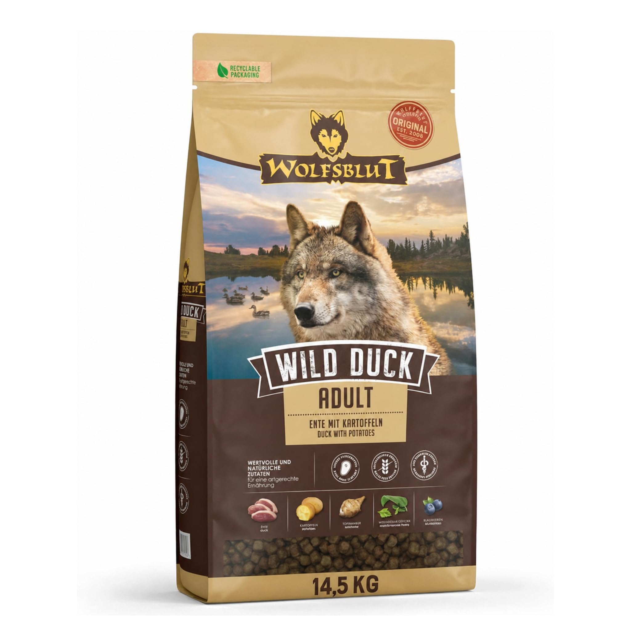 WOLFSBLUT – Wild Duck Adult | Trockenfutter mit natürlichen Zutaten und Superfoods für ausgewachsene Hunde. Getreidefreies Alleinfutter ohne Zusatzstoffe im Beutel | 14,5kg Ente