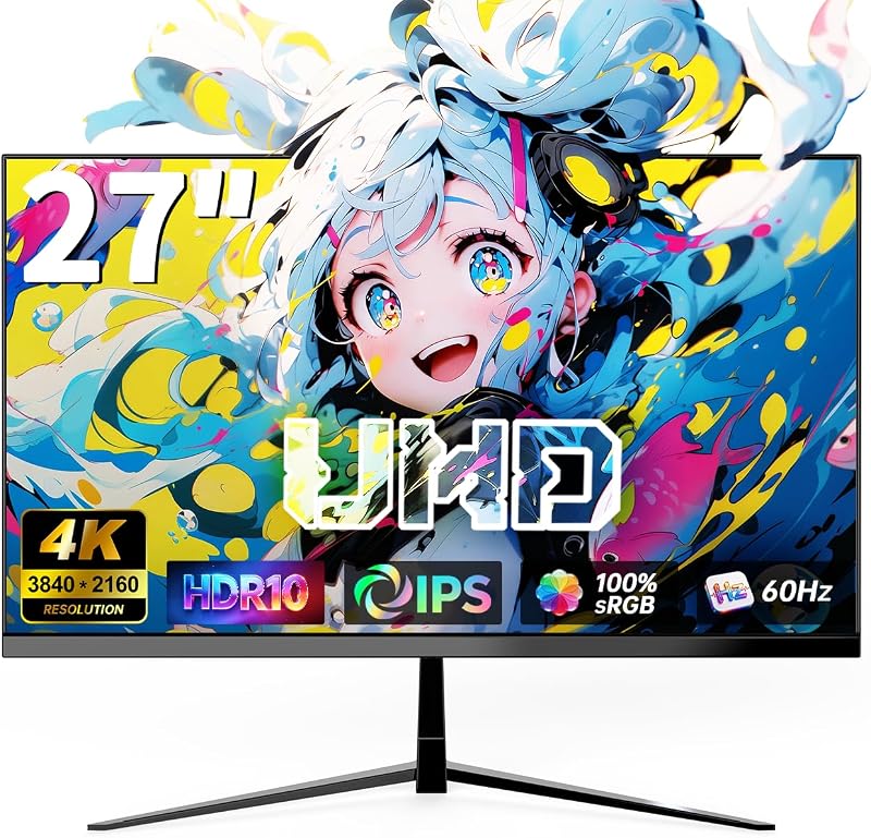 Monitor 4K UHD de 27 pulgadas, monitor de computadora IPS, HDR10, 100% sRGB | Pantalla Ultra HD de 3840 x 2160, 60 Hz, AMD FreeSync, HDMI 2.0 y DP1.4, VESA 100 x 100 mm, ángulo de visión de 178°