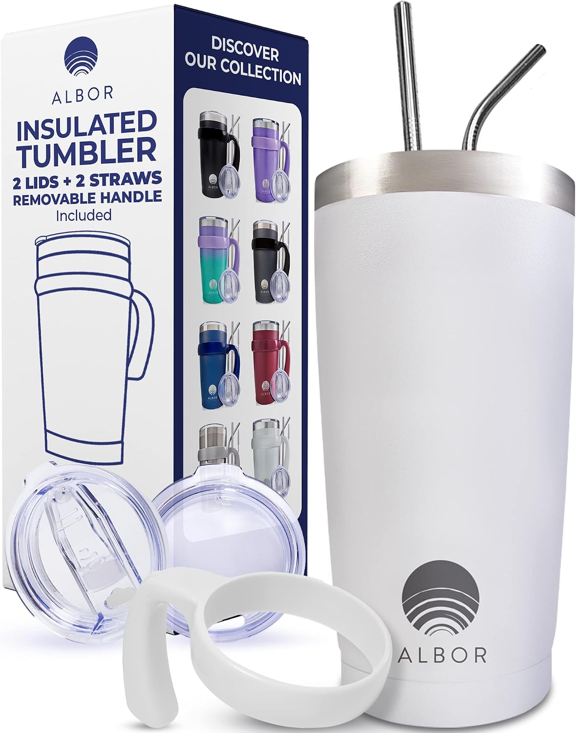 ALBOR Insulated Tumbler with Lid and Straw - 20 oz Insulated Coffee Mug with Handle, Travel Coffee Mug, Triple Insulated Technology with 2 Lids, 2 Metal Straw, Brush and Storage Bag, White