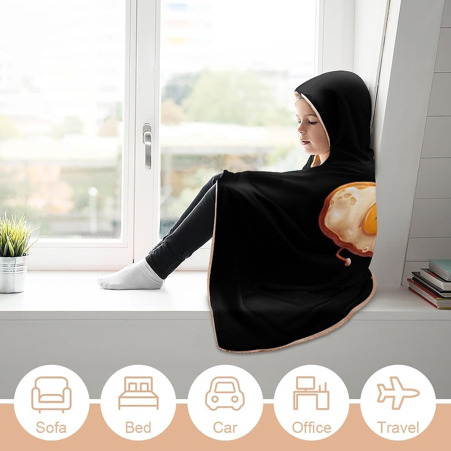 Bacon Eggs Cheese Breakfast Wearable Blanket Oversized Throw Cape | Cozy Hooded Blanket Gifts for Women Men
