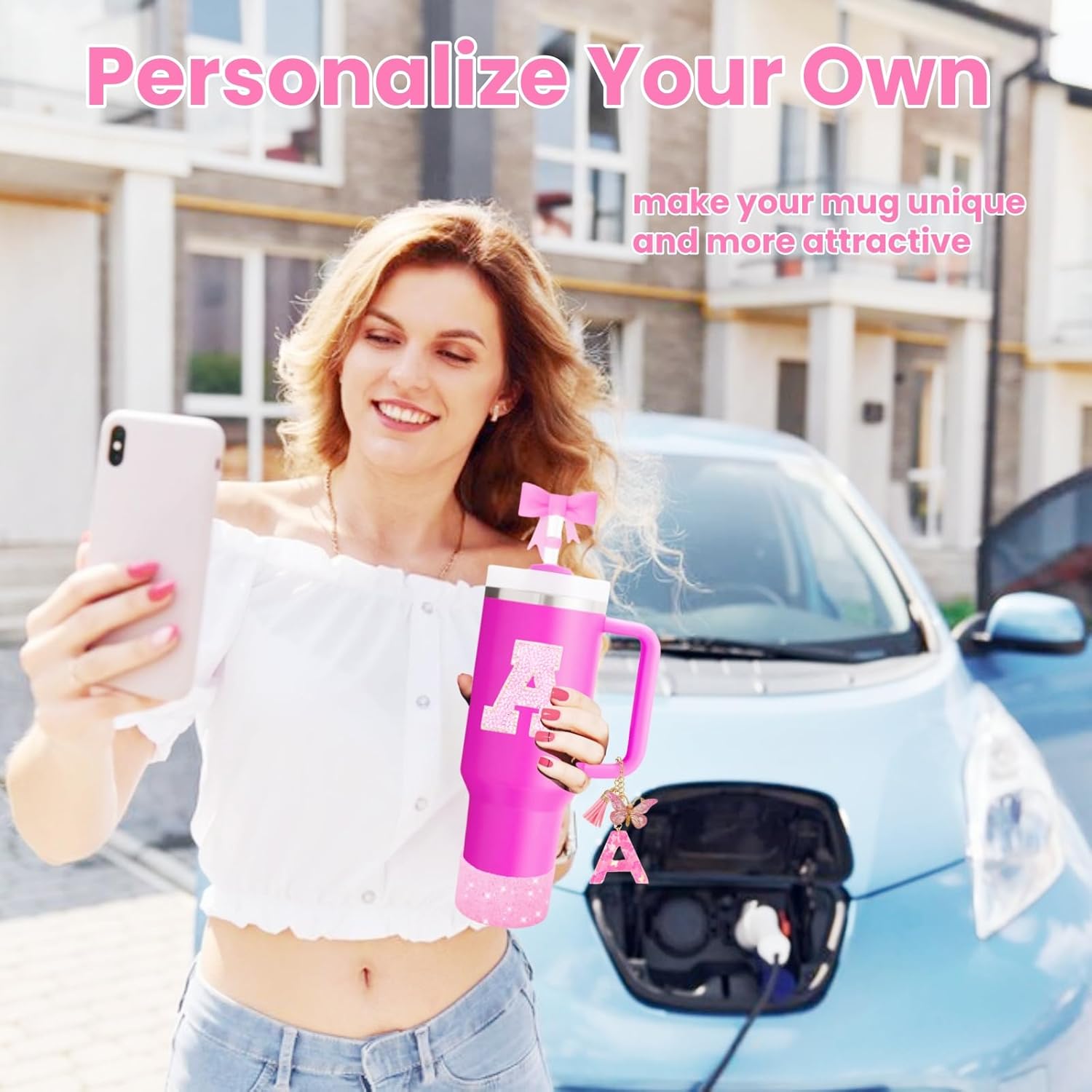 MOTEERLLU 6PCS Pink Stanley Cup Accessories Set, Initials Decorations for Stanley Cup 30oz 40oz, Includes Bow Straw Topper, Handle Charm, Letter Sticker, Silicone Boot, Spill Proof Stopper (Letter L) - Image 4