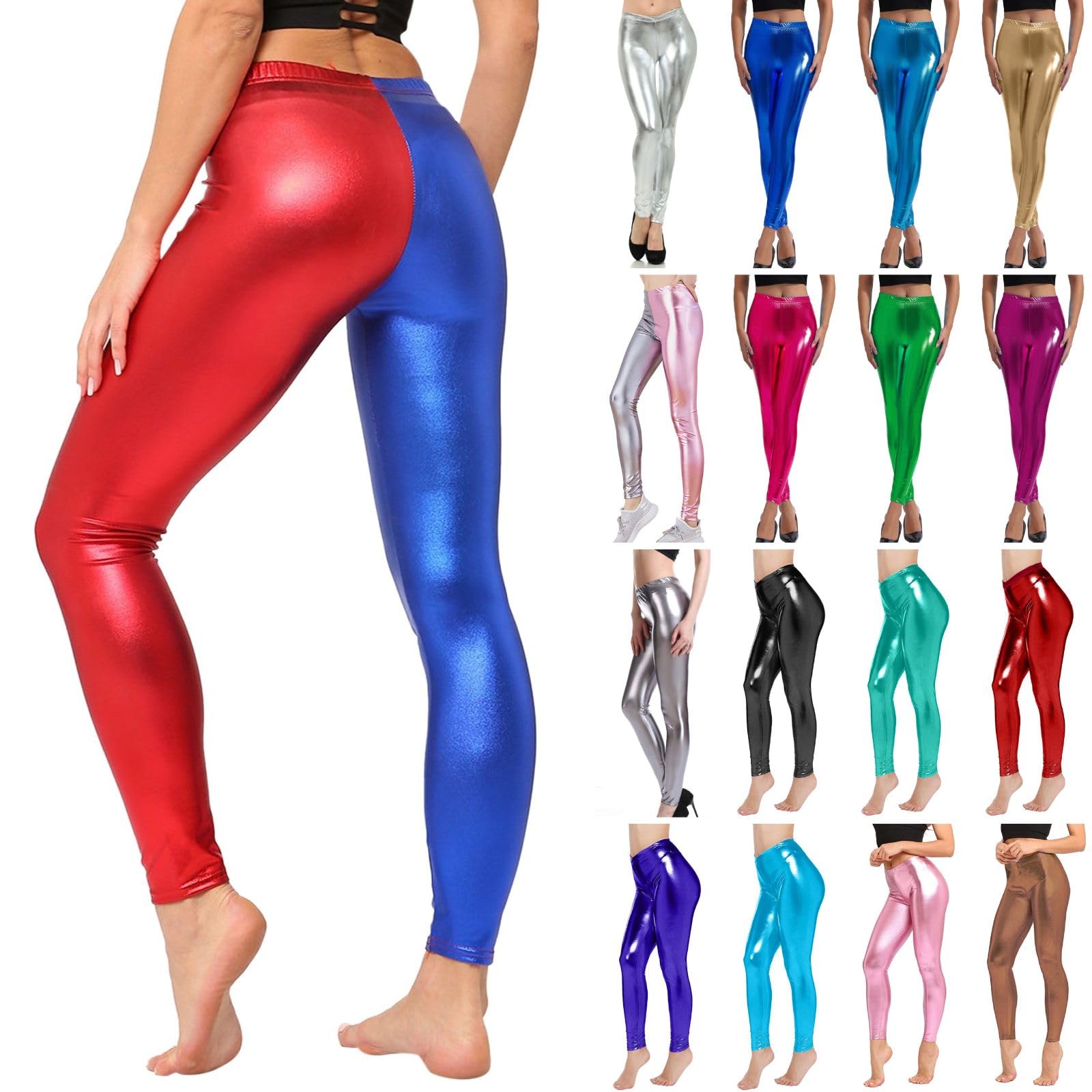 Women's Leggings Silver Metallic Shiny Trousers 80s with High Waist Shiny Leggings Party Skirt Dance Disco Costume Carnival Space Metallic Glitter Trousers Golden Leggings, A-Red, XL