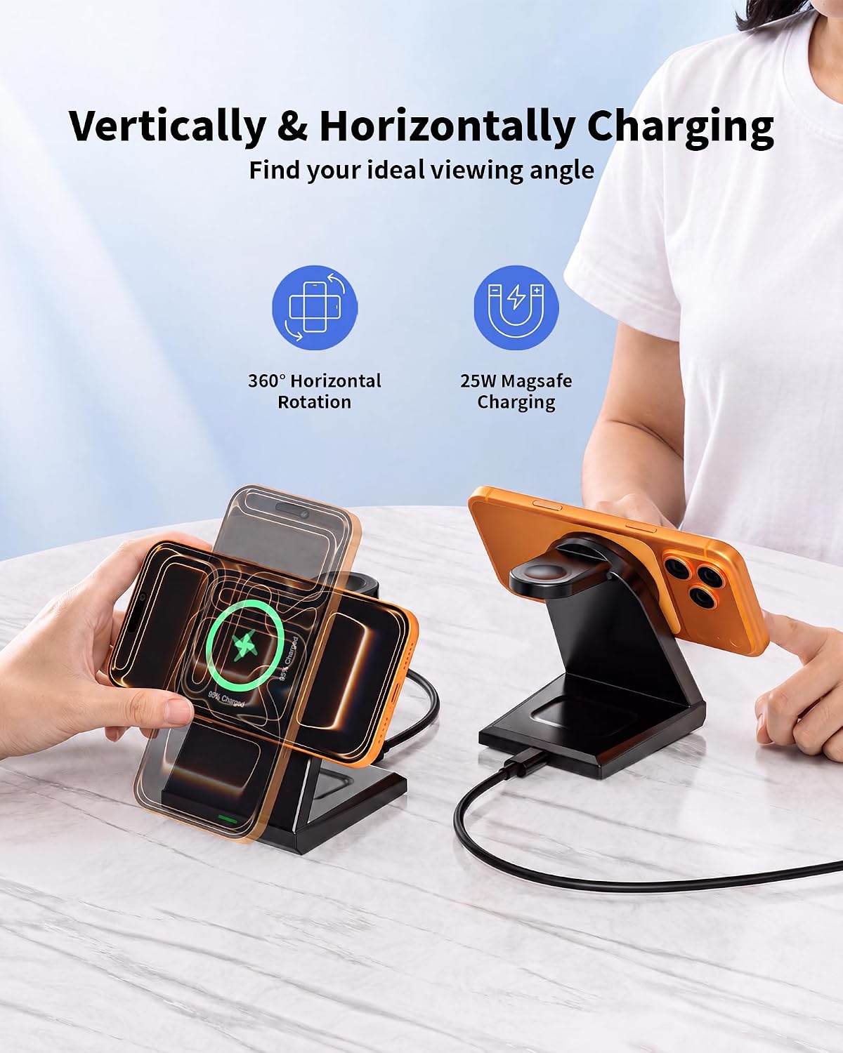 3 in 1 Wireless Charging Station,25W Wireless Charger Stand for Multiple Devices Apple Fast Desk Magnetic Charger Station with USB C Adapter for iPhone 17 16 15 14 13 12 Series/Apple Wacth&AirPods Pro