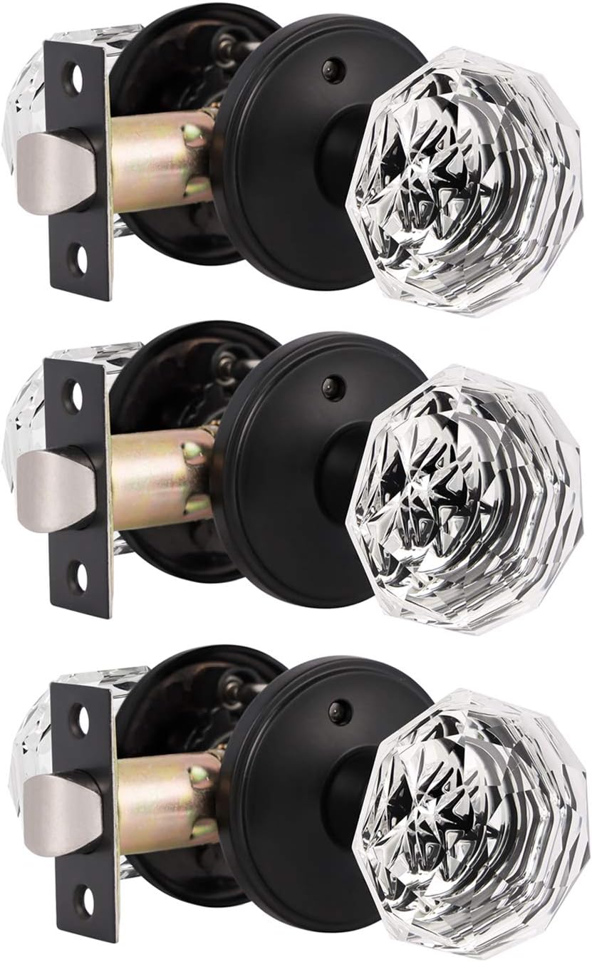 GobricoDiamond Door Knobs 3 Pack Matte Black Finished Crystal Glass Doorknobs Octagon Style Clear Interior Bed Bath Locks Privacy Door Handles with Classic Rosette