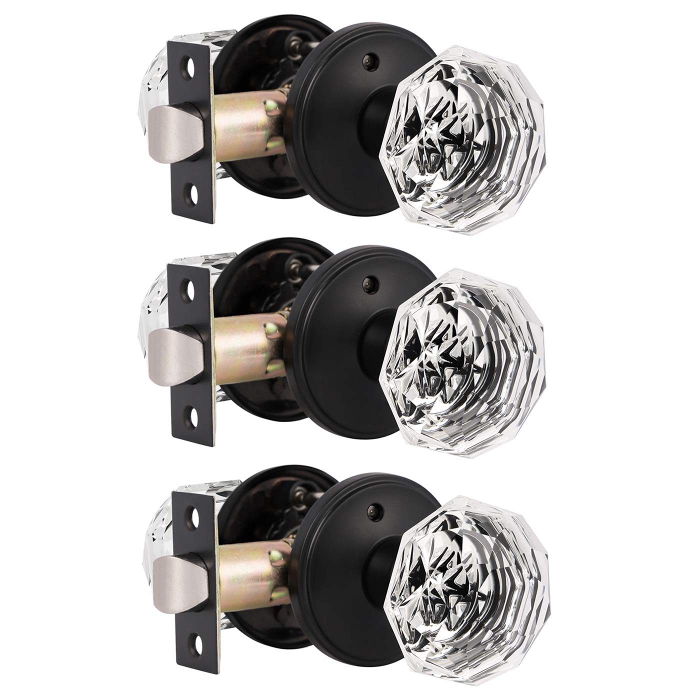 GobricoDiamond Door Knobs 3 Pack Matte Black Finished Crystal Glass Doorknobs Octagon Style Clear Interior Bed Bath Locks Privacy Door Handles with Classic Rosette