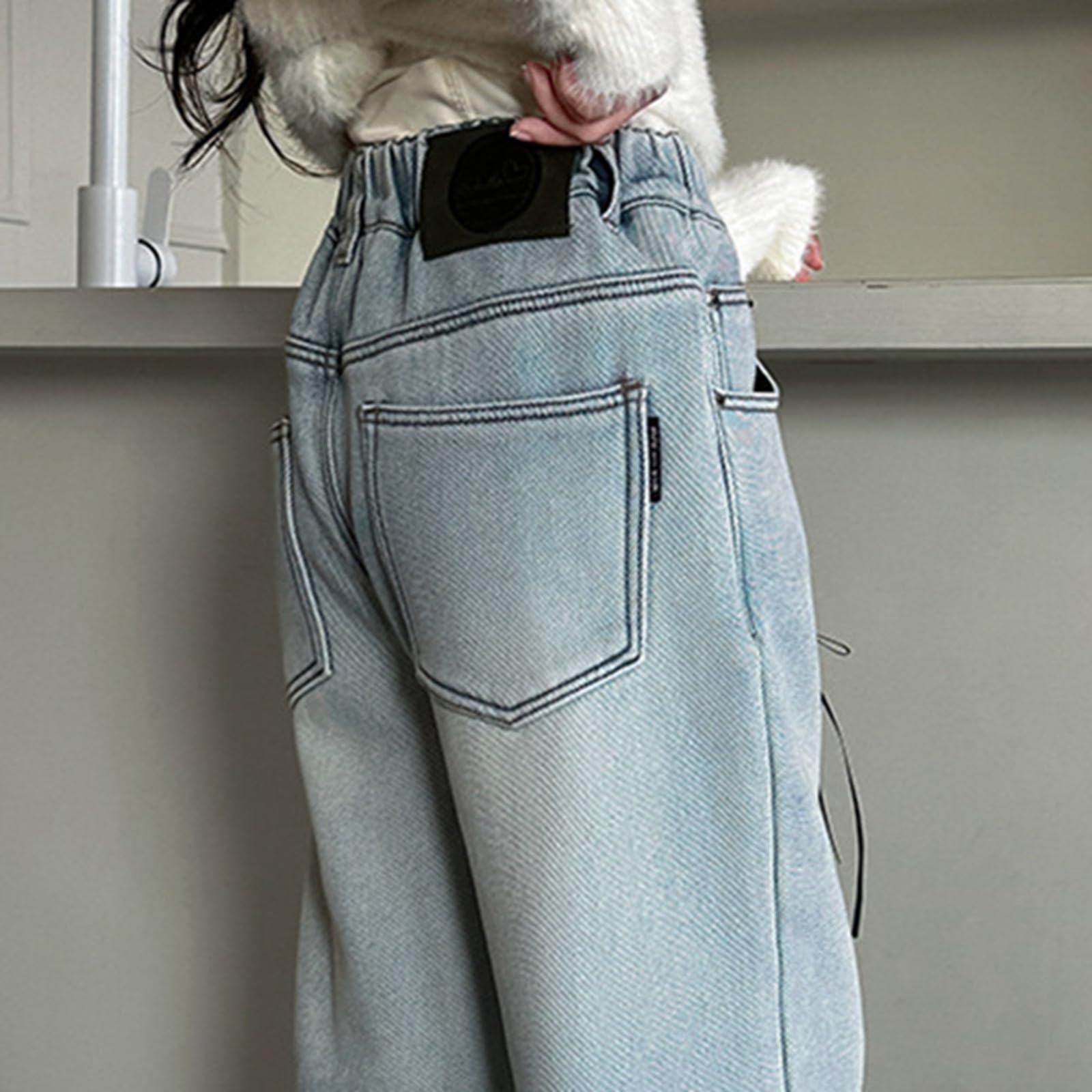 Vaqueros Niña 4-14 Años Anchos Rectos Polar Pantalon Vaquero Adolescentes Chica Elasticos Talle Alto Lazo Cómodos Streetwear Jeans Pantalones Vaqueros de Trabajo Denim Baggy Grueso Invierno