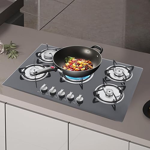Miniatura 6 de Cocina de gas de 30 pulgadas, 5 quemadores Estufa de gas incorporada Placa de cocina de vidrio templado GLPNG Cocina de gas fácil de limpiar