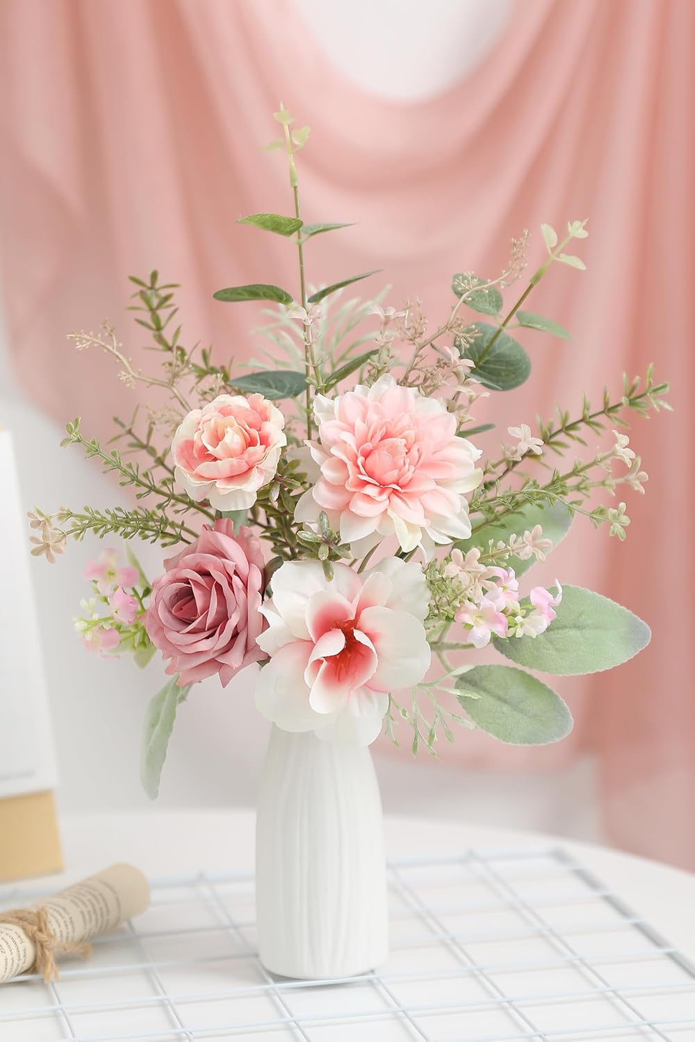 Small 11" Artificial Flowers in Ceramic Vase - Pink Silk Flower Centerpiece for Dining Table, Office, Wedding & Farmhouse, Home Decor Gifts - Image 3