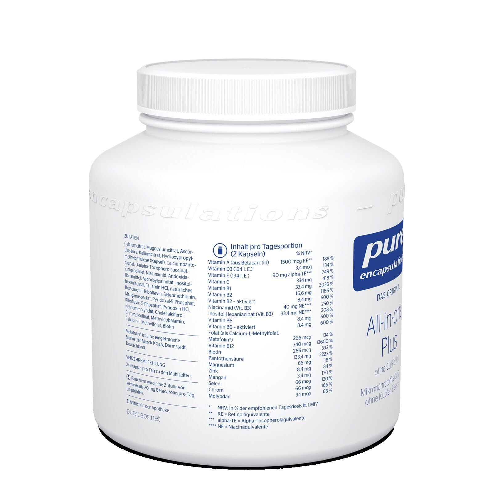 Pure Encapsulations - All-in-One Plus (ohne Cu, Fe & Jod) - Multivitamin und Mineralien - Immunsystem stärken - 180 Kapseln