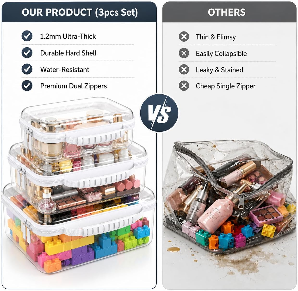 Clear Hard Shell Zipper Case 3PCS Set, 1.2mm PET Travel Organizer | Deep waterproof stackable storage pouches with handle. Heavy duty clear zipper bags for travel, makeup, toys and snacks