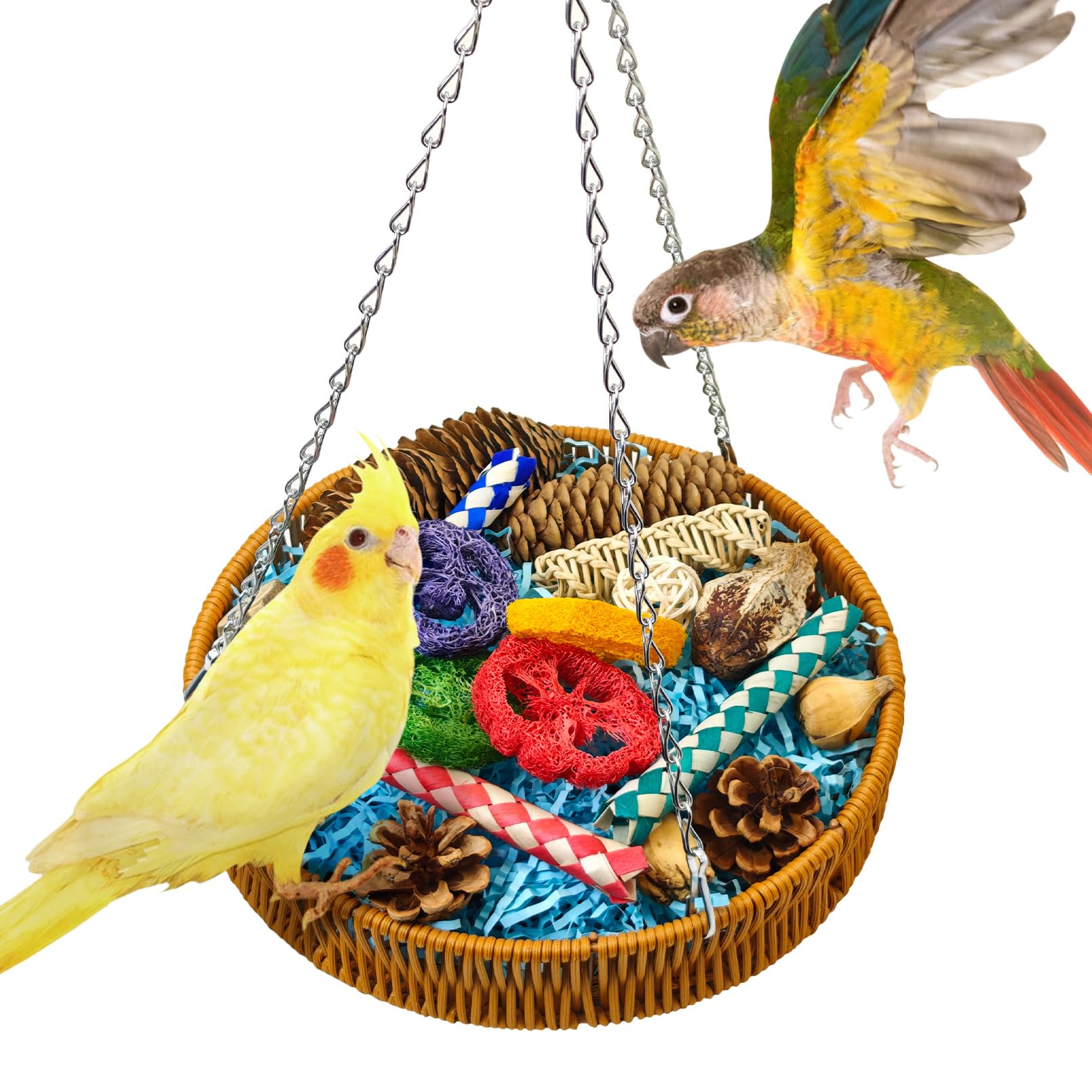 BNOSDM Rattan Bird Foraging Box 19 Pcs Natural Parrot Shredding Toys Boxes Colorful Bird Chewing Toy for Cockatiel Budgie Parakeet Conure Lovebird African Grey