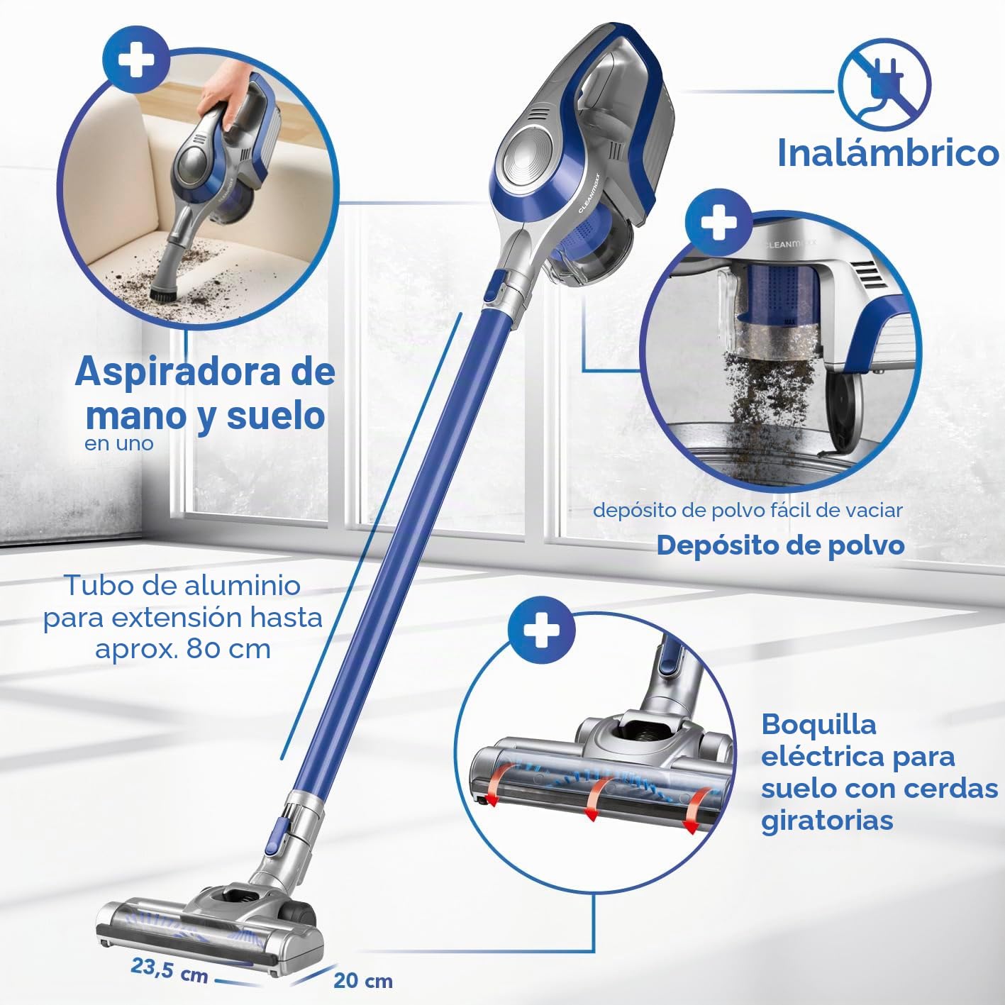 CLEANmaxx Aspiradora ciclónica sin Cable sin Bolsa con batería Recargable | aspiradora de Piso 2 en 1 y aspiradora de Mano, Potente y de bajo Consumo [Azul/Plateado]