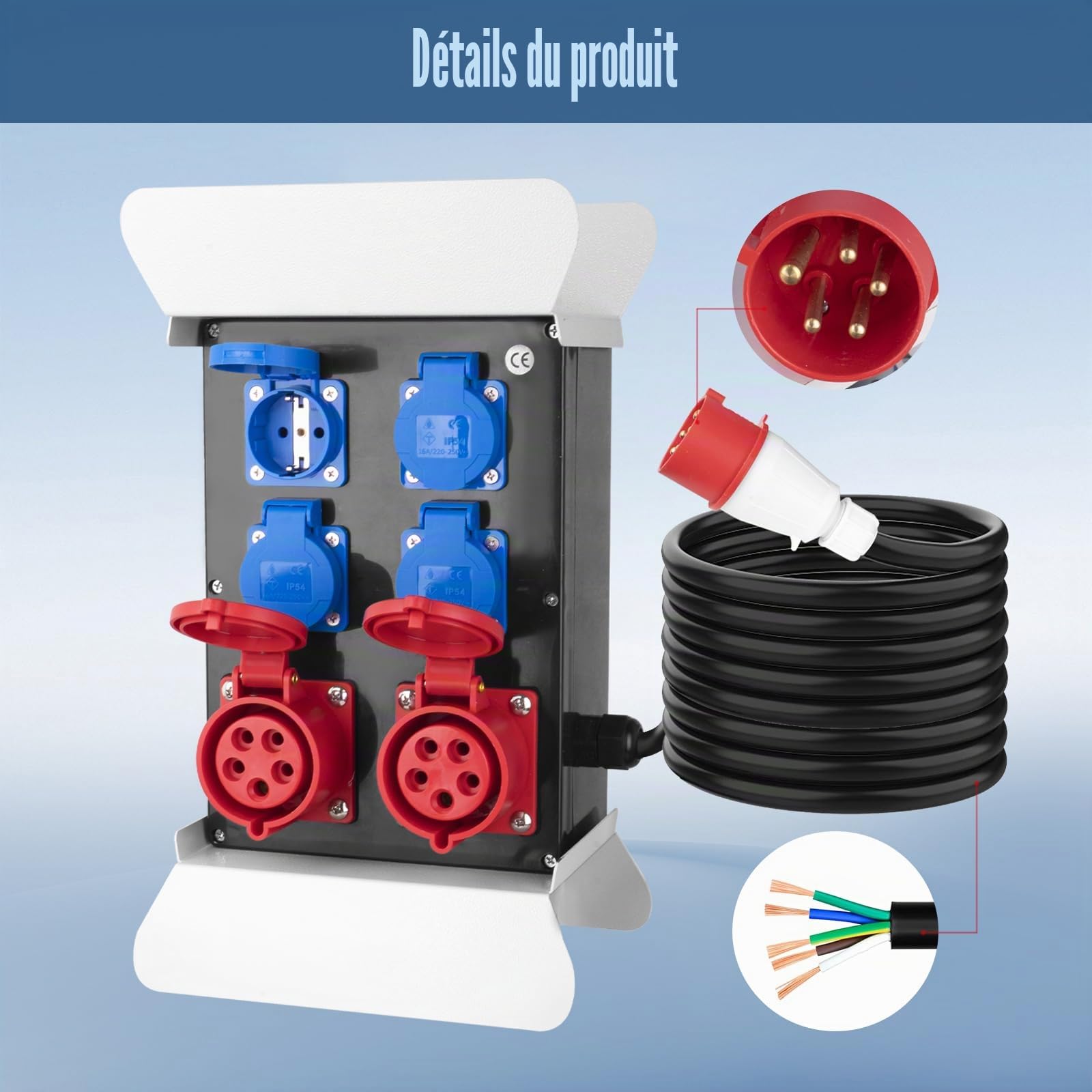 Répartiteur de courant portable avec fiche CEE 400 V/16 A/5 broches – Répartiteur de courant de chantier avec 4 prises Schuko 230 V/16 A et 2 prises CEE 400 V/16 A – Répartiteur de courant