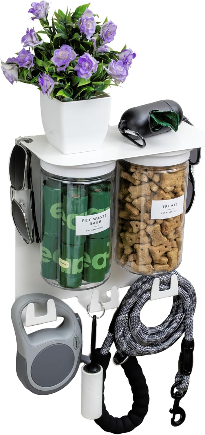 Dog Treat Holder For Wall Storage For Pets, Premium Pet Wall Organizer, Includes Two 32oz Airtight Dog Treat Jar, 3 Sets of Triple Hooks, Sturdy Shelf in Designer White