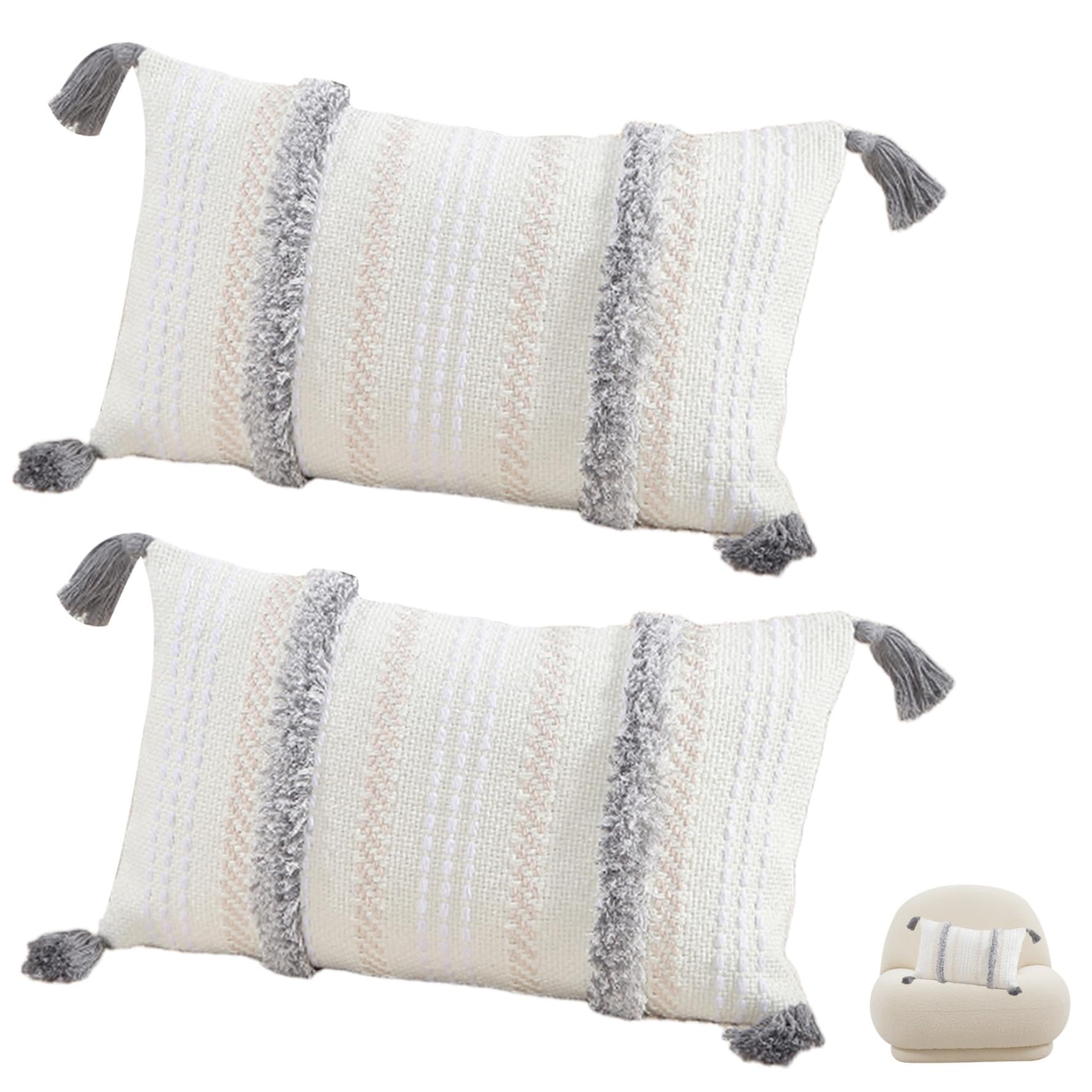 Wxyestna 2Pcs Bohemian Pillow Covers, 12x20 Textured Striped Lumbar Pillow Covers with Tassels for Couch Sofa Bed Living Room
