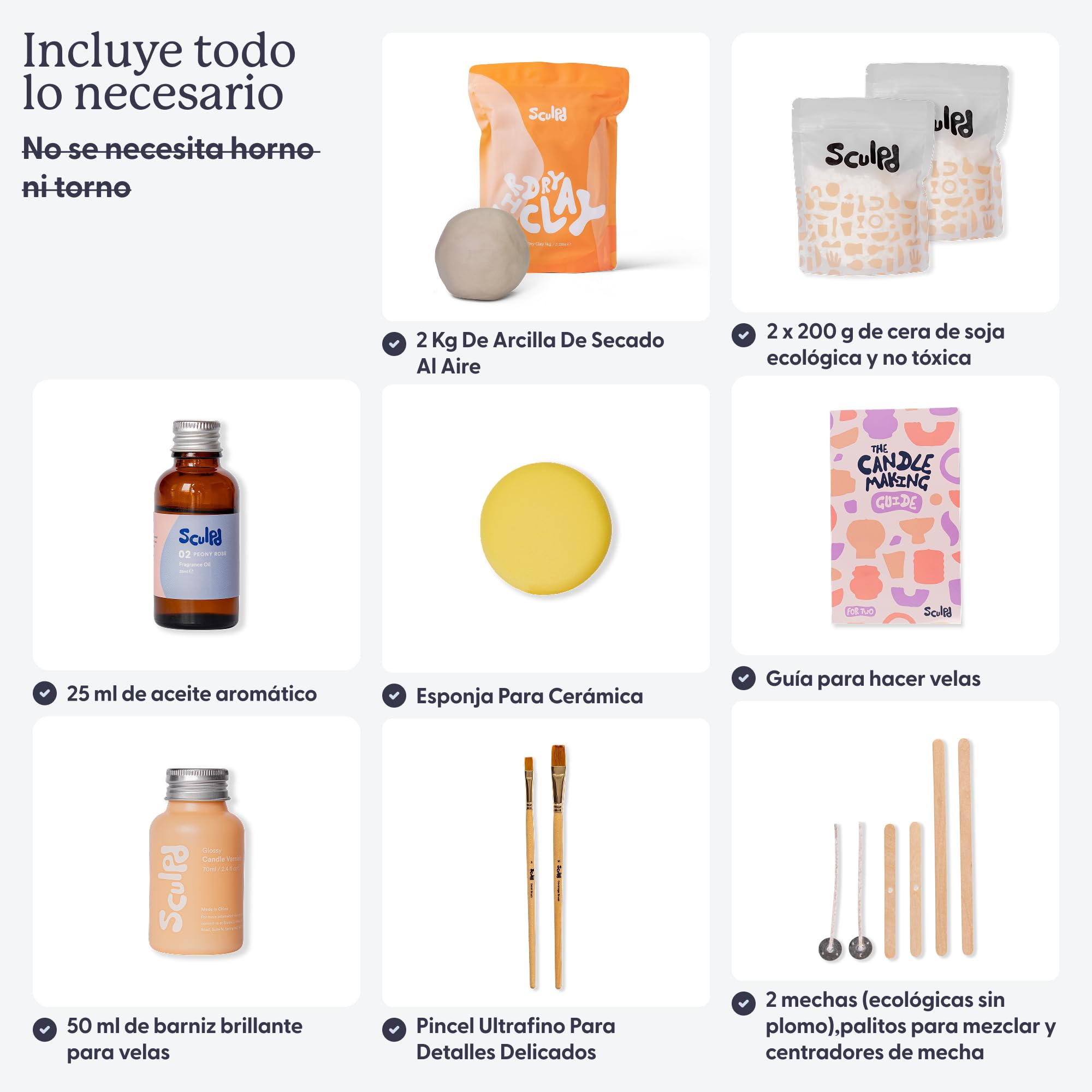 Sculpd Kit de alfarería para principiantes (2 adultos) para hacer velas con arcilla secada al aire, con cera de soja ecológica, aceite aromático, barniz, herramientas y guía (español no garantizado)