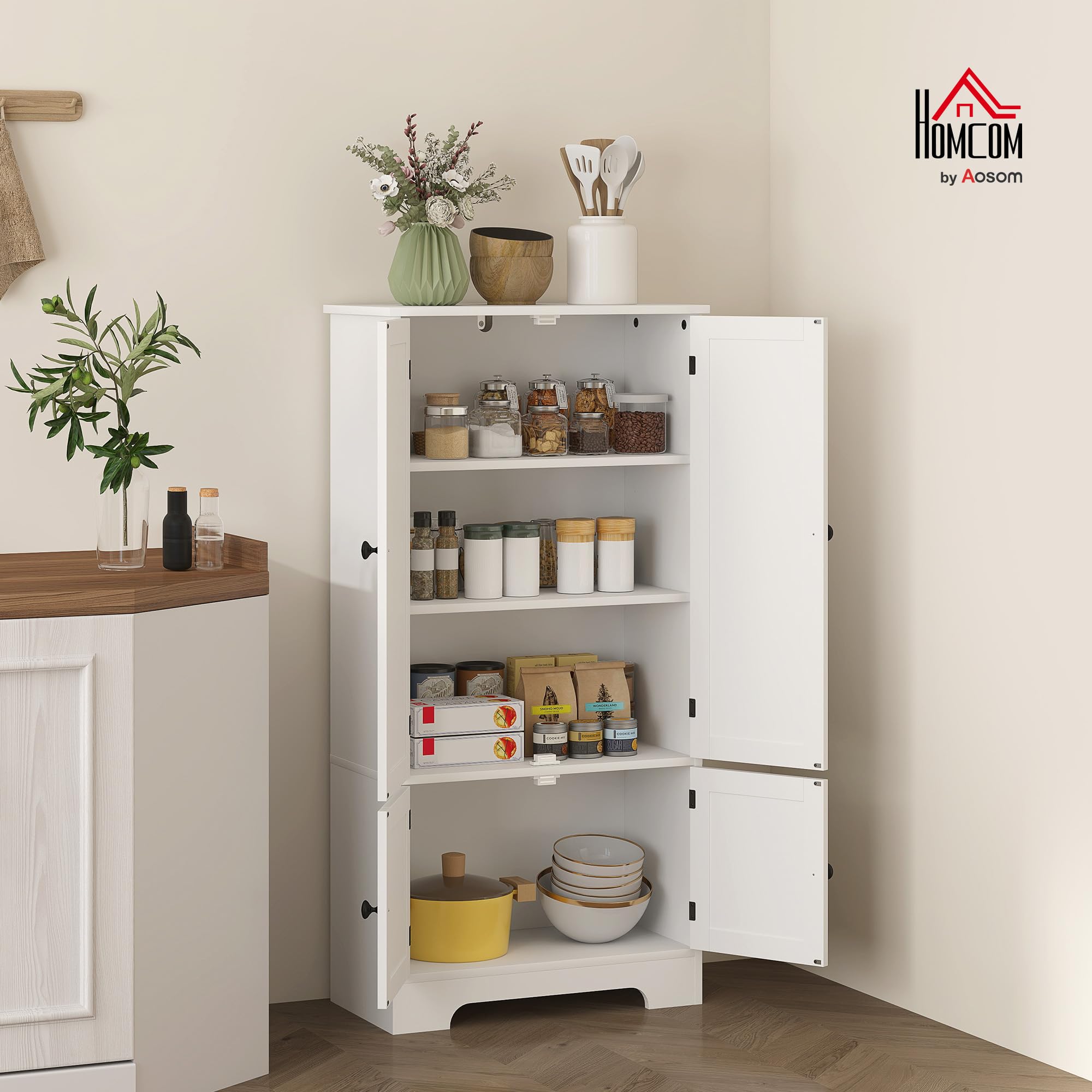 HOMCOM Credenza da Cucina a 4 Ante con 2 Armadietti, Mobile da Soggiorno e Salotto con Ripiano Regolabile e Dispositivo Antiribaltamento, 58.2x30x123 cm, Bianco