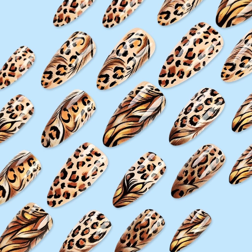 24 Pieces Long Almond Leopards Glossy False Nails Full Covers Stick on Nails Winter Nails Art Decoration