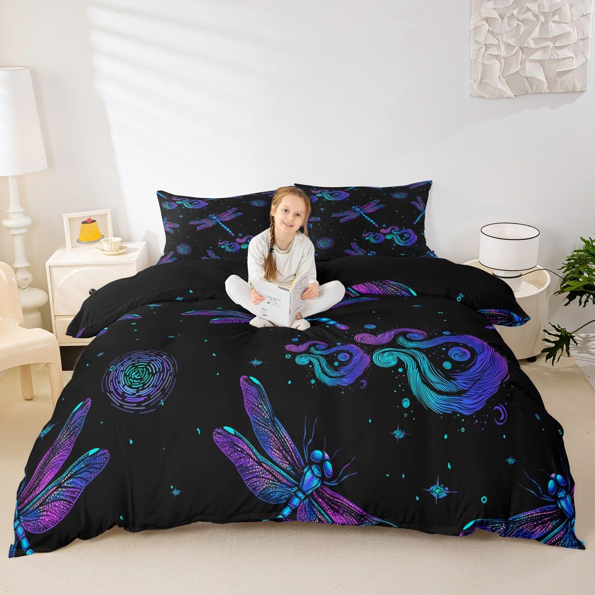Boho Dragonfly Duvet Cover Sets Super King,Trippy Starry Sky Bedding Set 3Pcs for Kids Girls Boys Adult Room Decor,Wild Insects Theme Comforter Cover Blue Purple Black Quilt Cover,2 Pillowcases