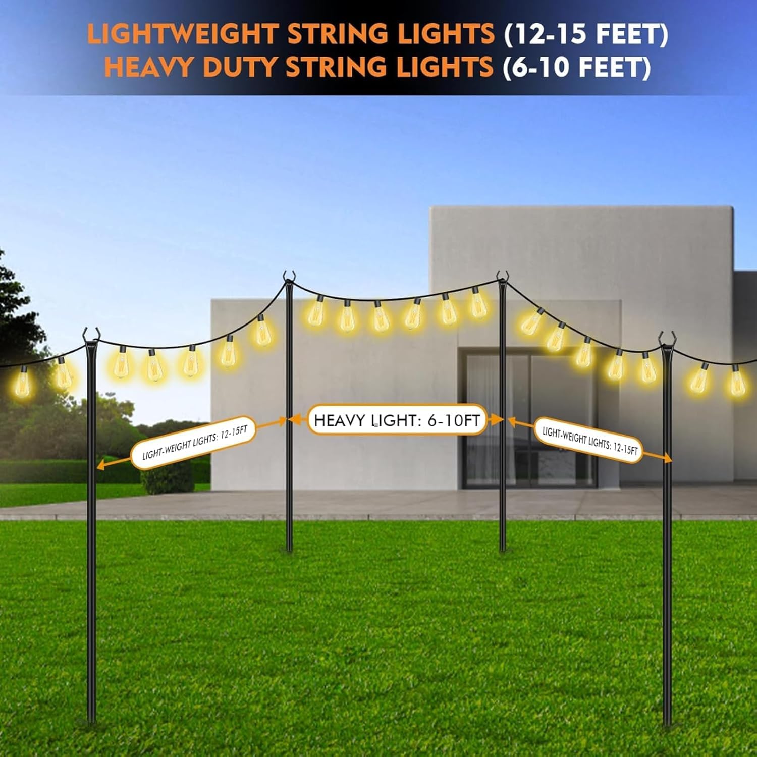Lot de 2 poteaux lumineux pour terrasse – 2 m pour suspendre l'extérieur en acier pour décoration extérieure, jardin, cour, patio, support d'éclairage pour fêtes, Noël, mariage