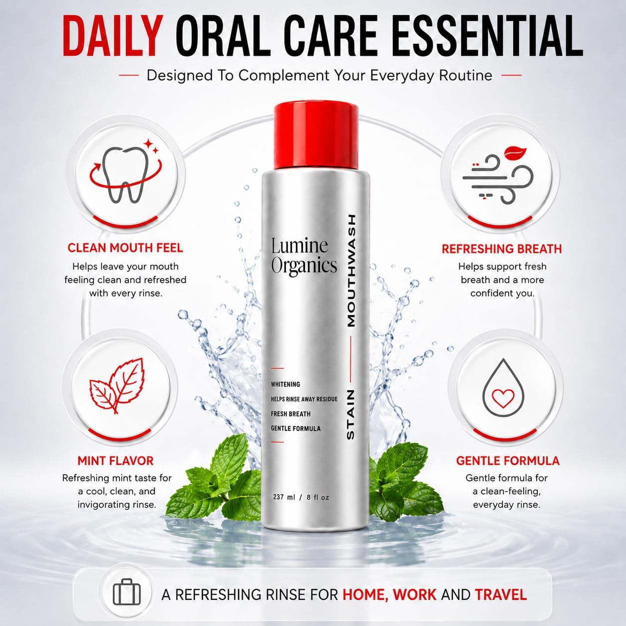 Lumine Organics Mouthwash, Daily Mouthwash Rinse with Refreshing Mint Flavor, Helps Maintain a Clean Mouth Feel, Fresh Breath & Cleaner Looking Teeth, 8 fl oz. image 3