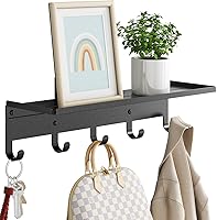 Bethom Black Metal Wall Shelf with 5 Hooks - 17 Inch Coat Rack for Entryway, Bedroom, Keys, Bags, Coats