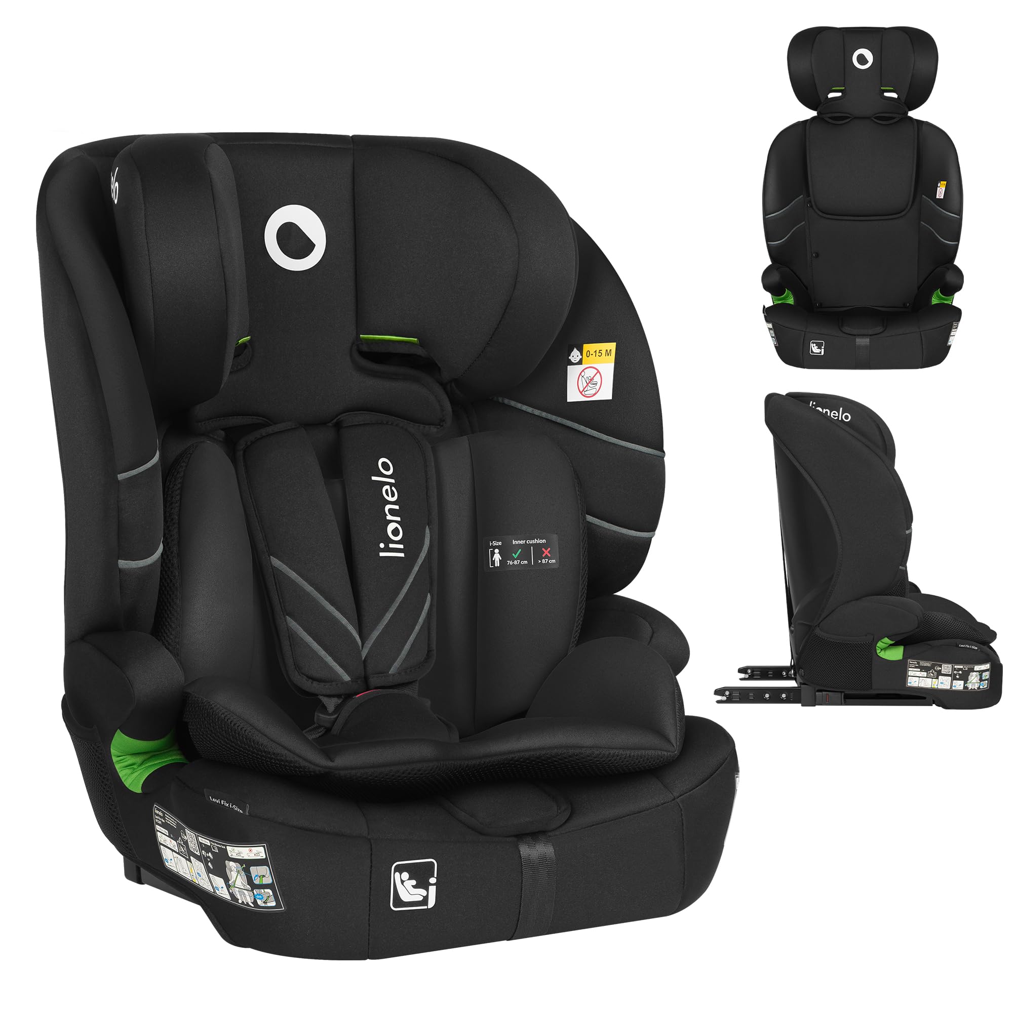 LIONELO Seggiolino auto LEVI FIX I-SIZE con ISOFIX per bambini 76-150 cm fino a 36kg Gruppo 1/2/3 Protezione laterale 10 Livelli di regolazione del poggiatesta, Top Tether, Ampio e comodo (Nero)