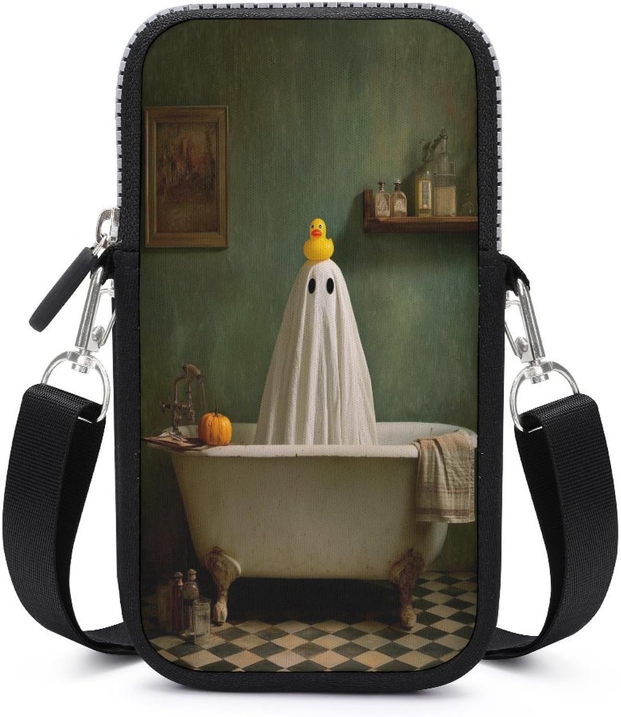 Yellow Rubber Duck on Ghost Head Funny Bathroom Crossbody Mobile Phone Bag Smartphone Bag With Adjustable Strap