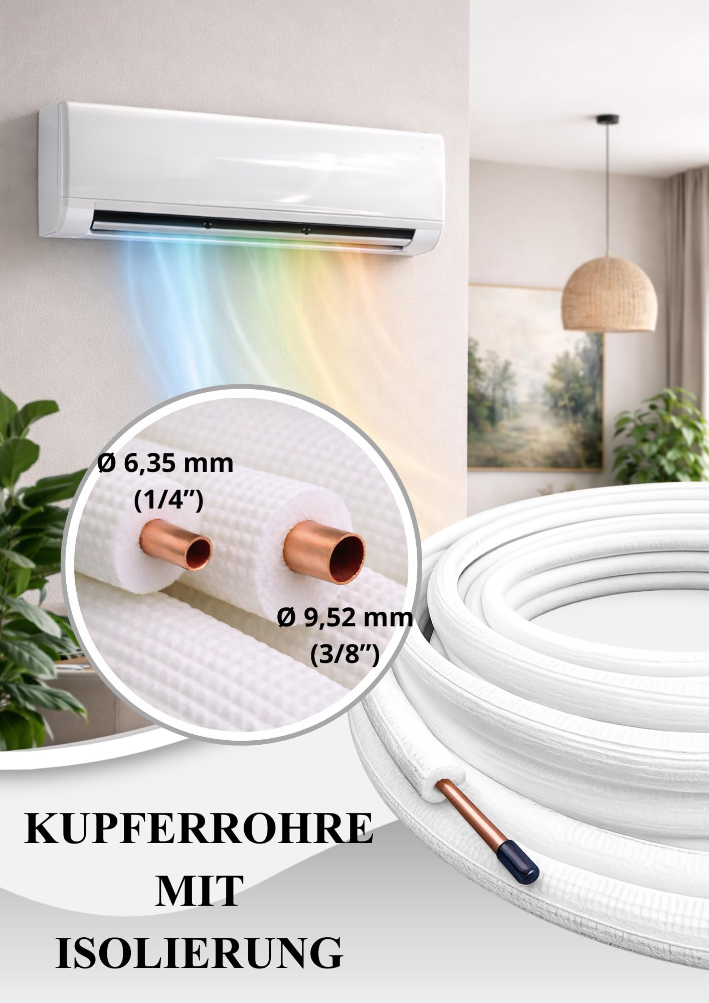 Black panda Kupferrohr-Set 1/4" & 3/8" – 2x24 m mit 9 mm Isolierung - Klimaanlagen Rohre aus hochwertigem Kupfer für Split-Klimageräte - Energieeffizient & korrosionsbeständig