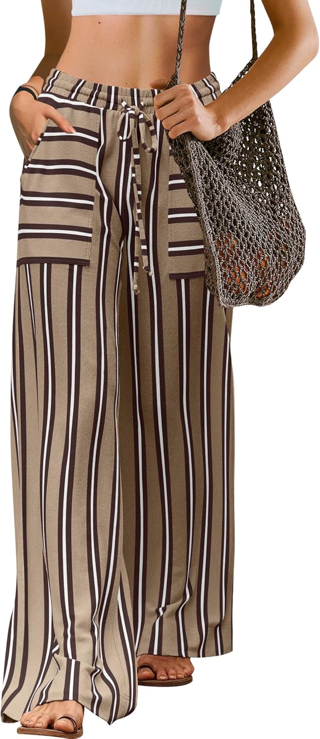 LAMISSCHE Womens Oversized Striped Wide Leg Pants High Waisted Lounge Pants Beach Trousers with Pockets Large Yellow&blue&orange