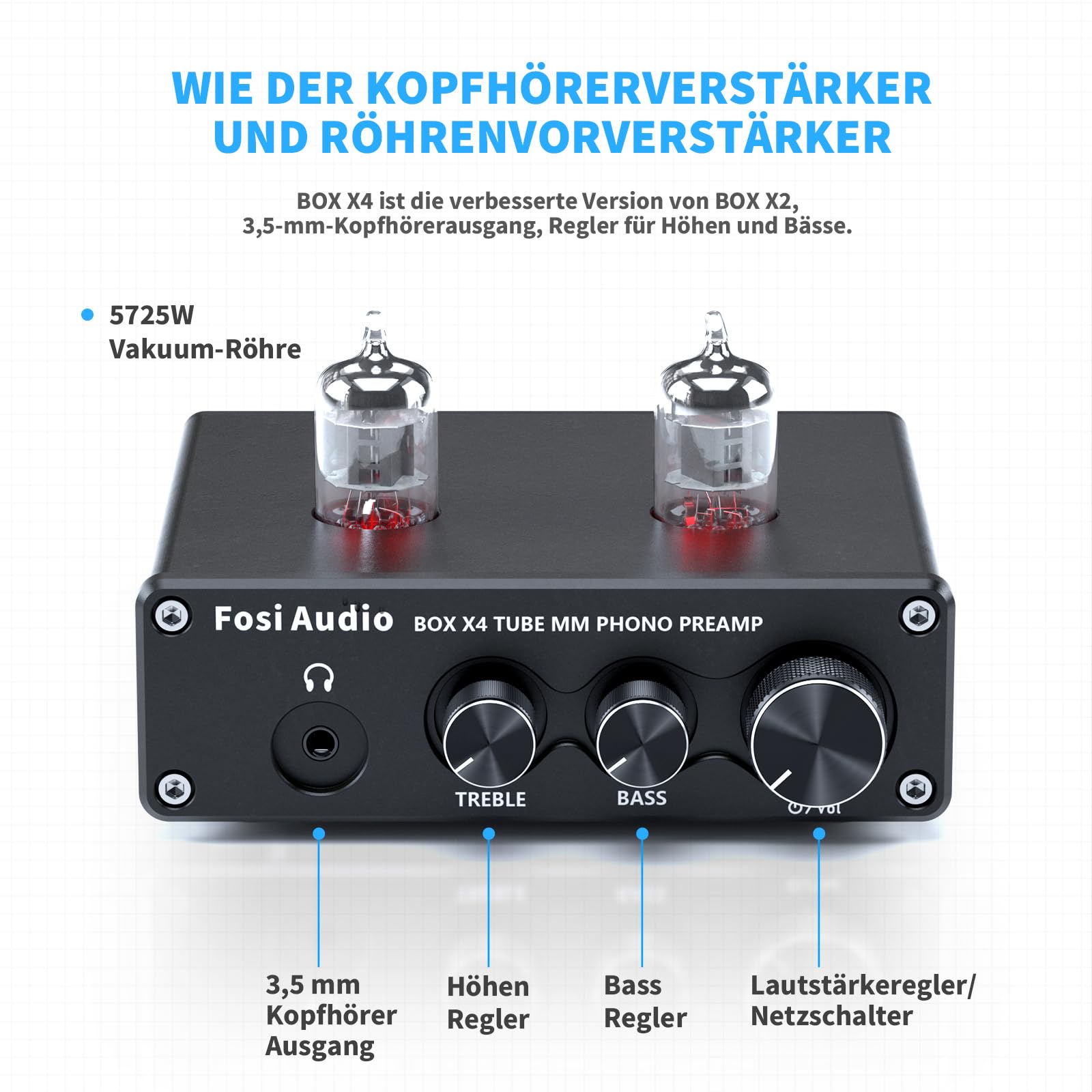 Fosi Audio BOX X4 HiFi Phono Röhren Vorverstärker, Hi-Fi Röhrenvorverstärker Kopfhörerverstärker, JAN 5725W Vakuumröhren für MM Plattenspieler, Gain-Stereo-Audio für Phono-Audiophil