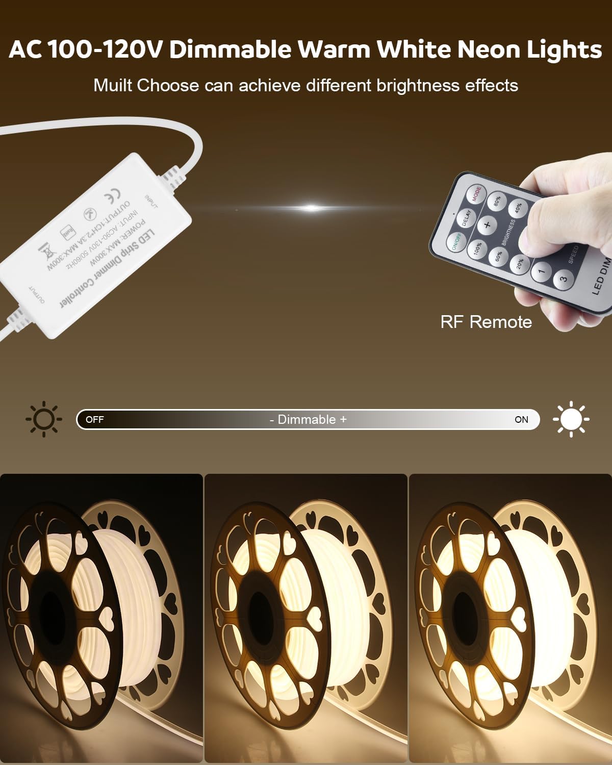 Aclorol 100FT Outdoor COB LED Strip Lights Waterproof Warm White 1 Roll AC 110V-120V Flexible Dimmable LED Lights Strip with Remote High Density COB LED Rope Light for Garden Commercial Building 3000K