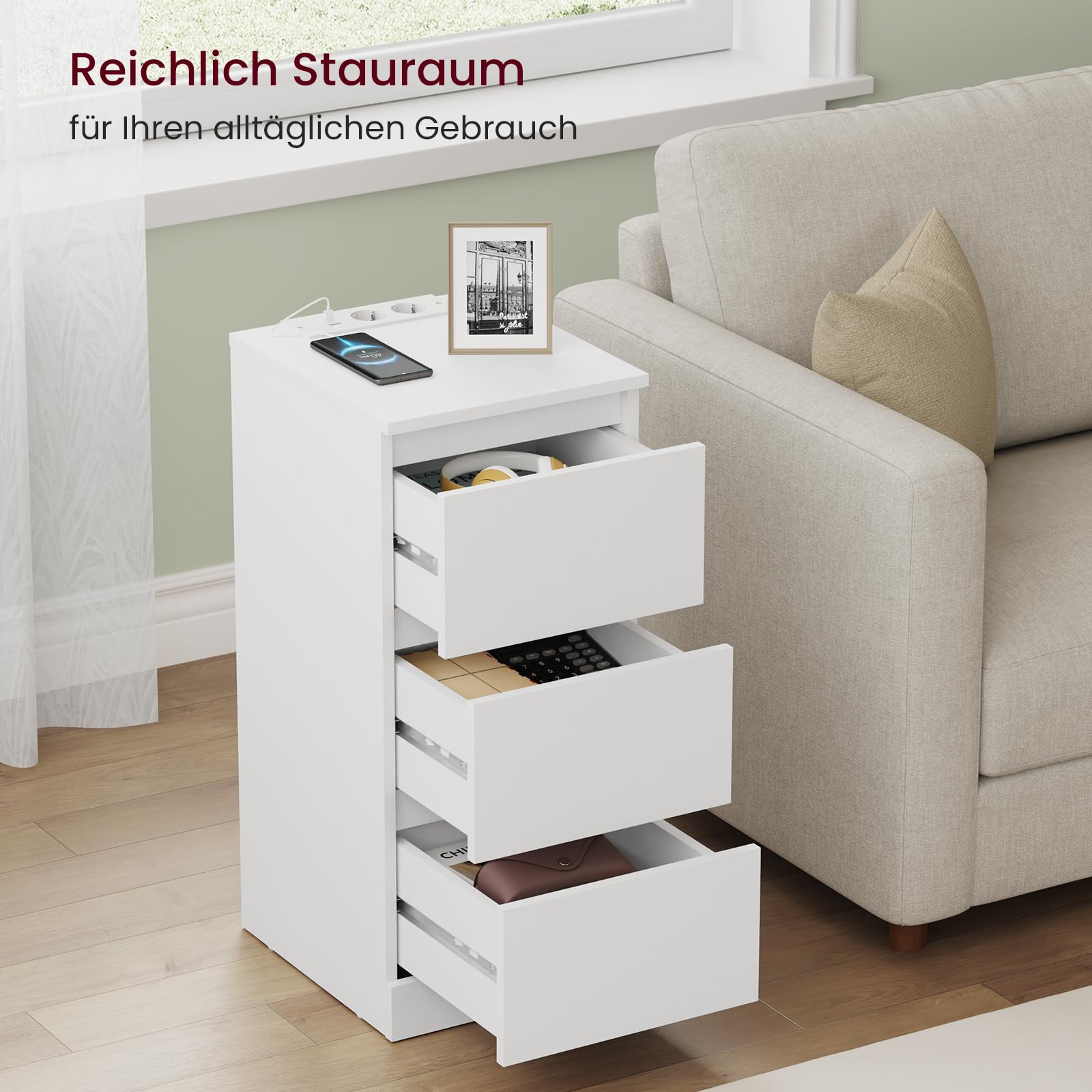 Asgolion Nachttisch mit Steckdosenleiste, Schmal, mit 3 Schubladen, Weiß