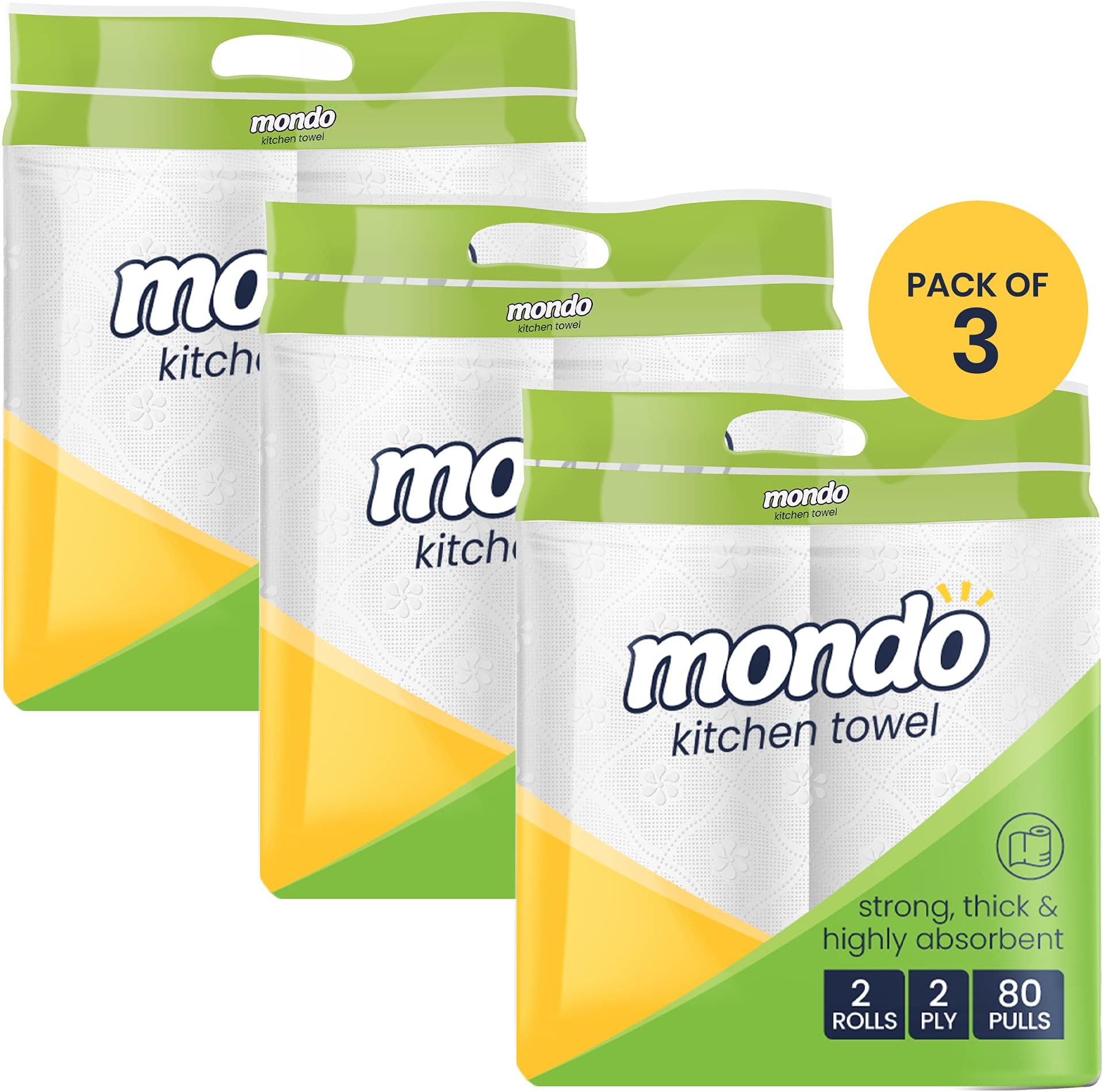 Mondo Kitchen Tissue Roll (2 Ply, 80 Pulls) | Pack of 6 Rolls | Effective on granite, steel, glass, tile, wood | 100% biodegradable product | FDA approved, OBA free | Tissue Papers Kitchen