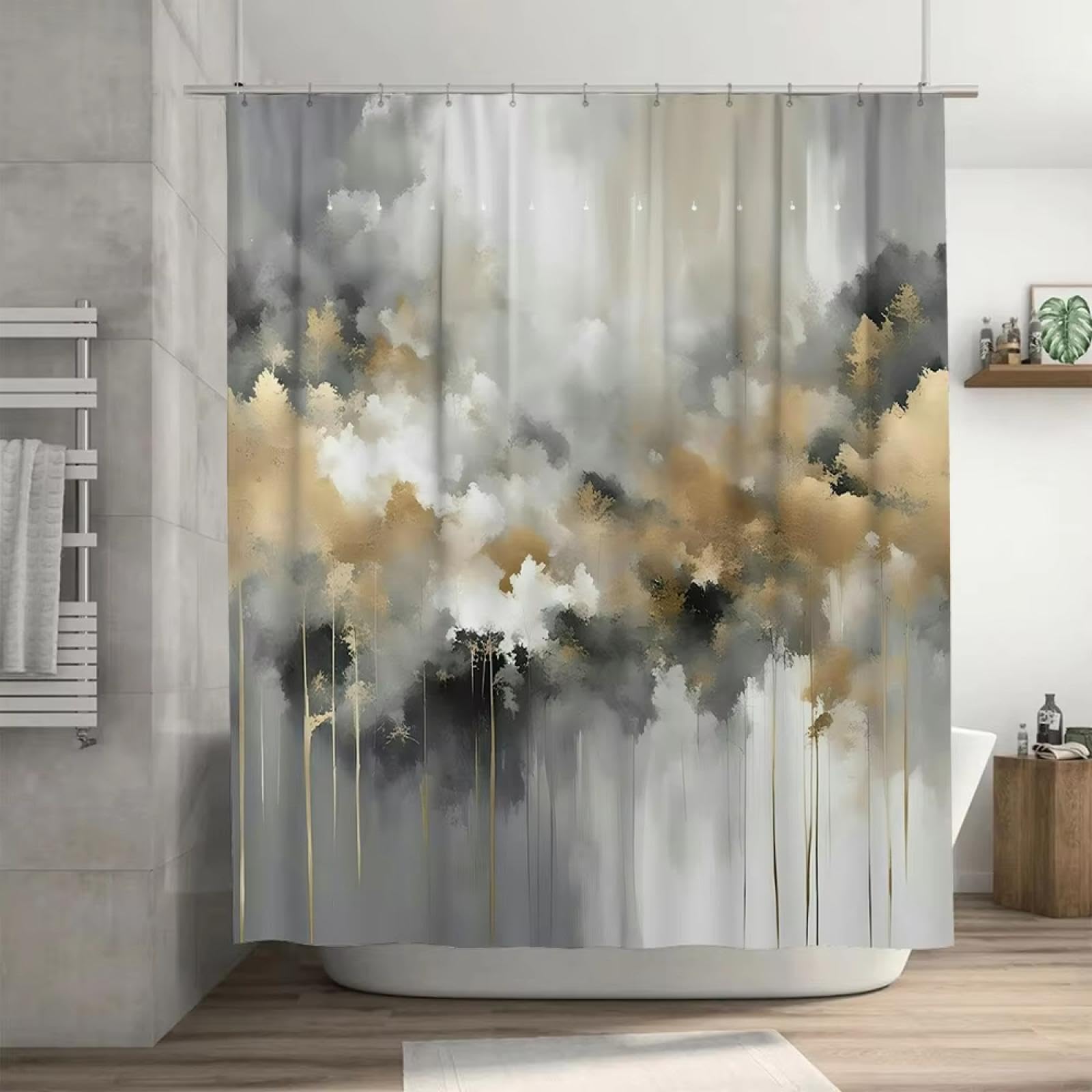 Rideau de douche de luxe blanc et or chic pour salle de bain élégante