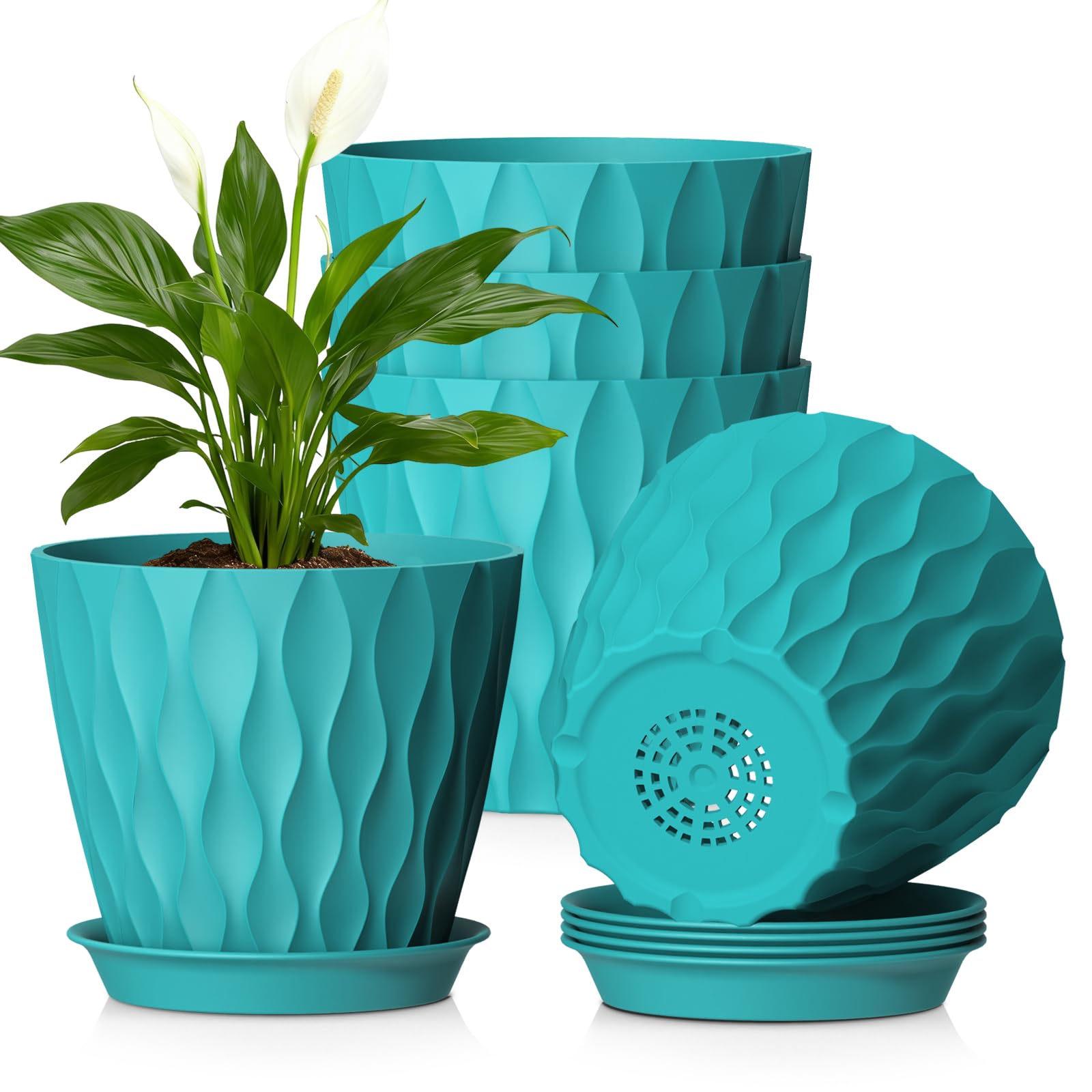 17.6 cm Plant Pots Indoor Outdoor, 5 Pack Thick Plastic Flower Pots with Drainage Holes and Saucers, 3D Modern Wave Texture, Medium Decorative Planter Pots for Pansy & House Plants, Blue-Green