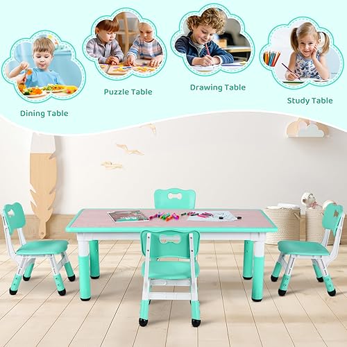 Miniatura 44 de Arlopu Juego de mesa y 4 sillas para niños, juego de mesa y sillas para niños pequeños, patas antideslizantes, escritorio de graffiti, mesa de