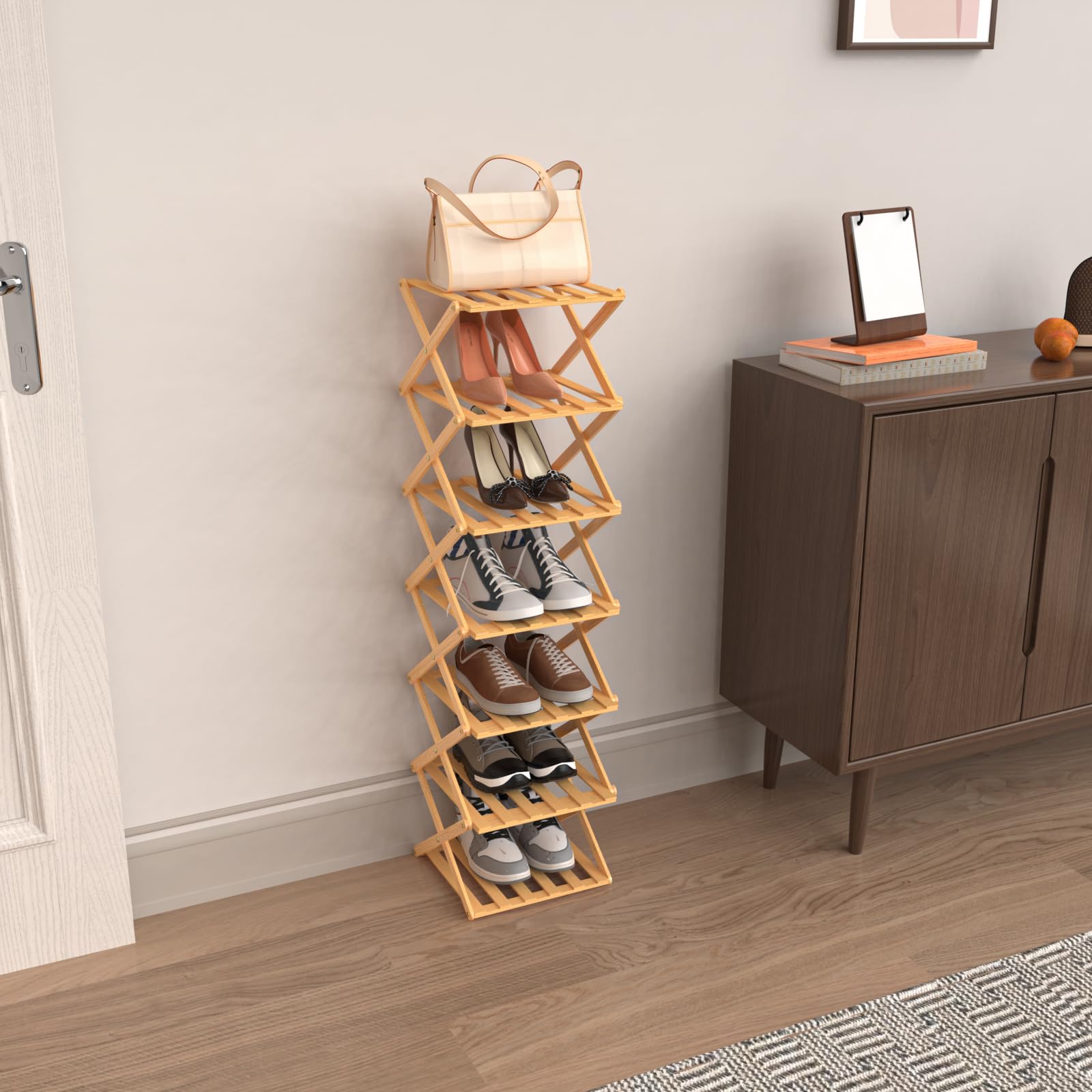 OHMG - Estantería de bambú plegable de 7 plantas, organizador de bambú, ideal para estante de zapatos, en el cuarto de baño y como estante de cocina, estante para decoración, poco espacio