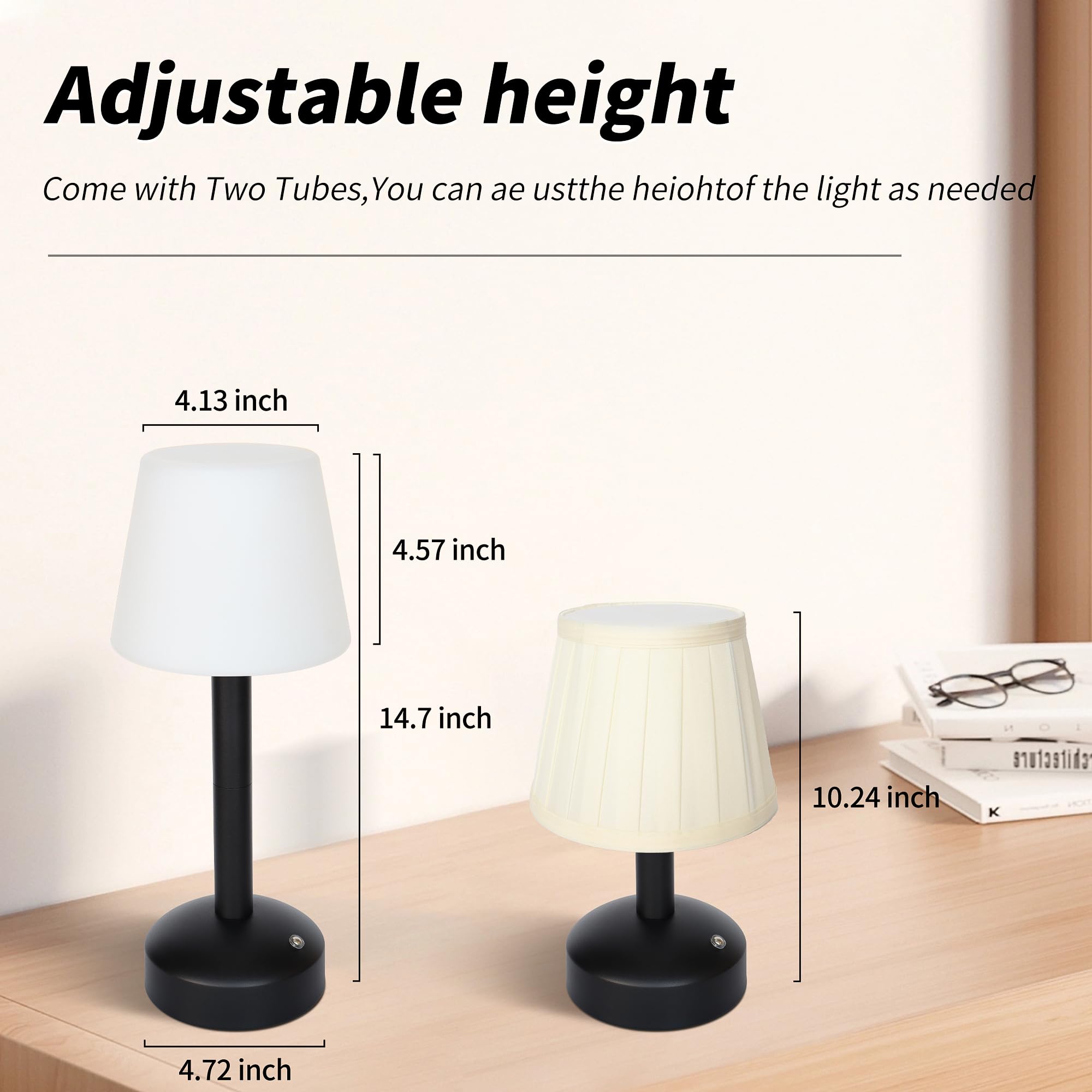 Mr.White Rechargeable Cordless Table Lamp with Fabric Lampshade & Adjustable Poles, 5200mAh Battery Operated Portable Table Light for Patio Restaurant Kitchen Dining (Black — view 4