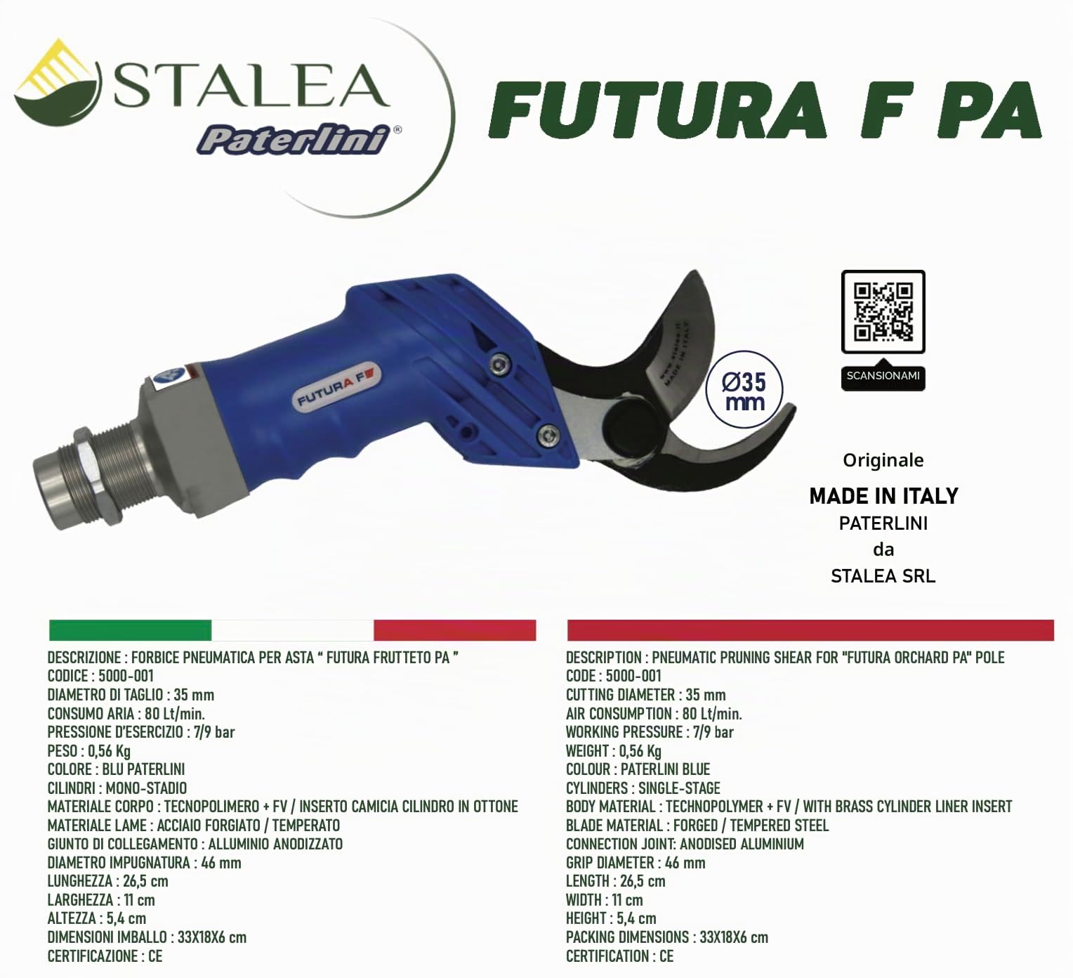 PATERLINI Forbici Potatura Pneumatica, Potatura ad Aria Compressa - Forbice Pnuematica - Cesoie Pneaumtiche per Potatura Facile e Taglio Rami senza fatica - Cesoie Giardinaggio (Futura F PA)